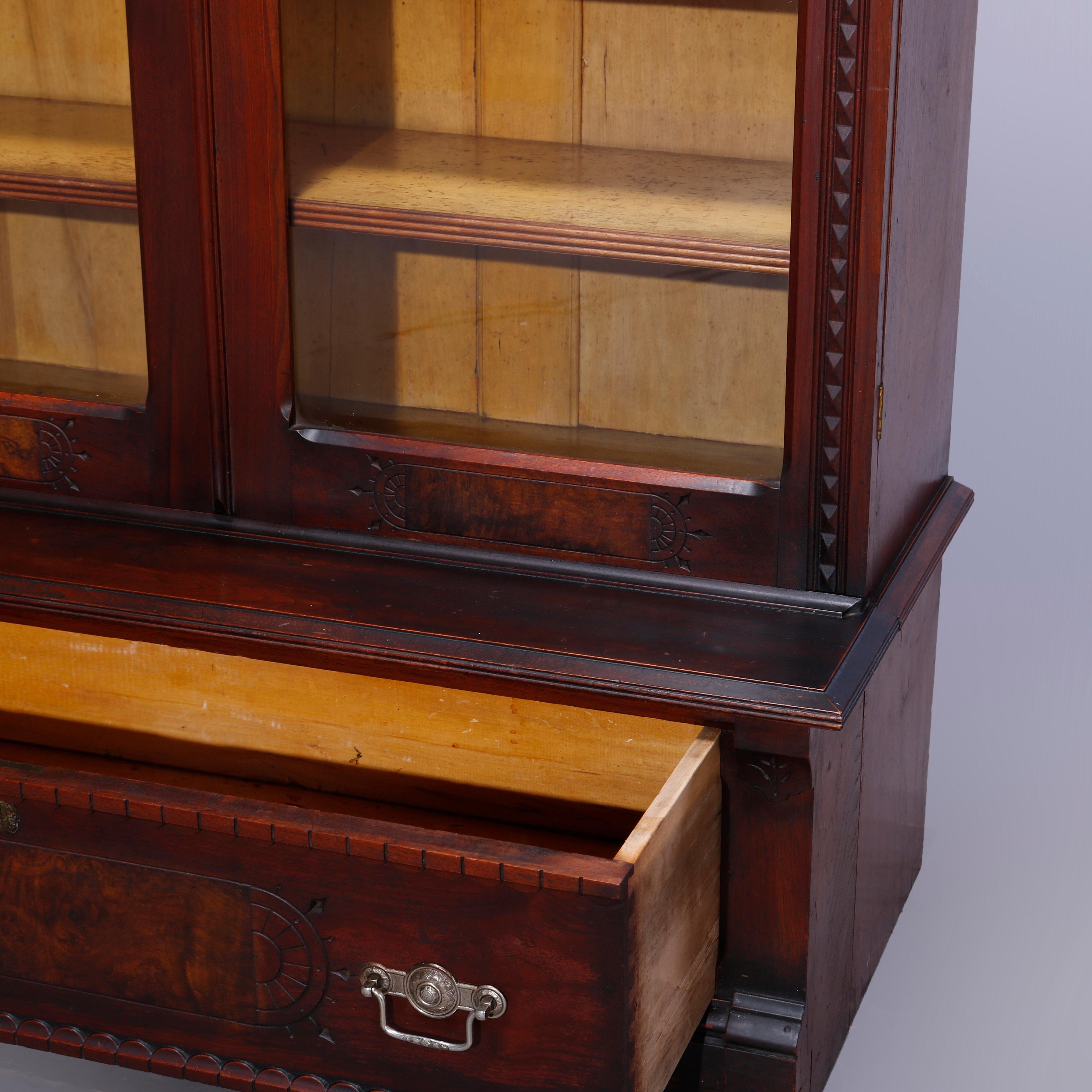 Antique Eastlake Walnut & Burl Two Door Over Two Drawer Bookcase, c1890 5