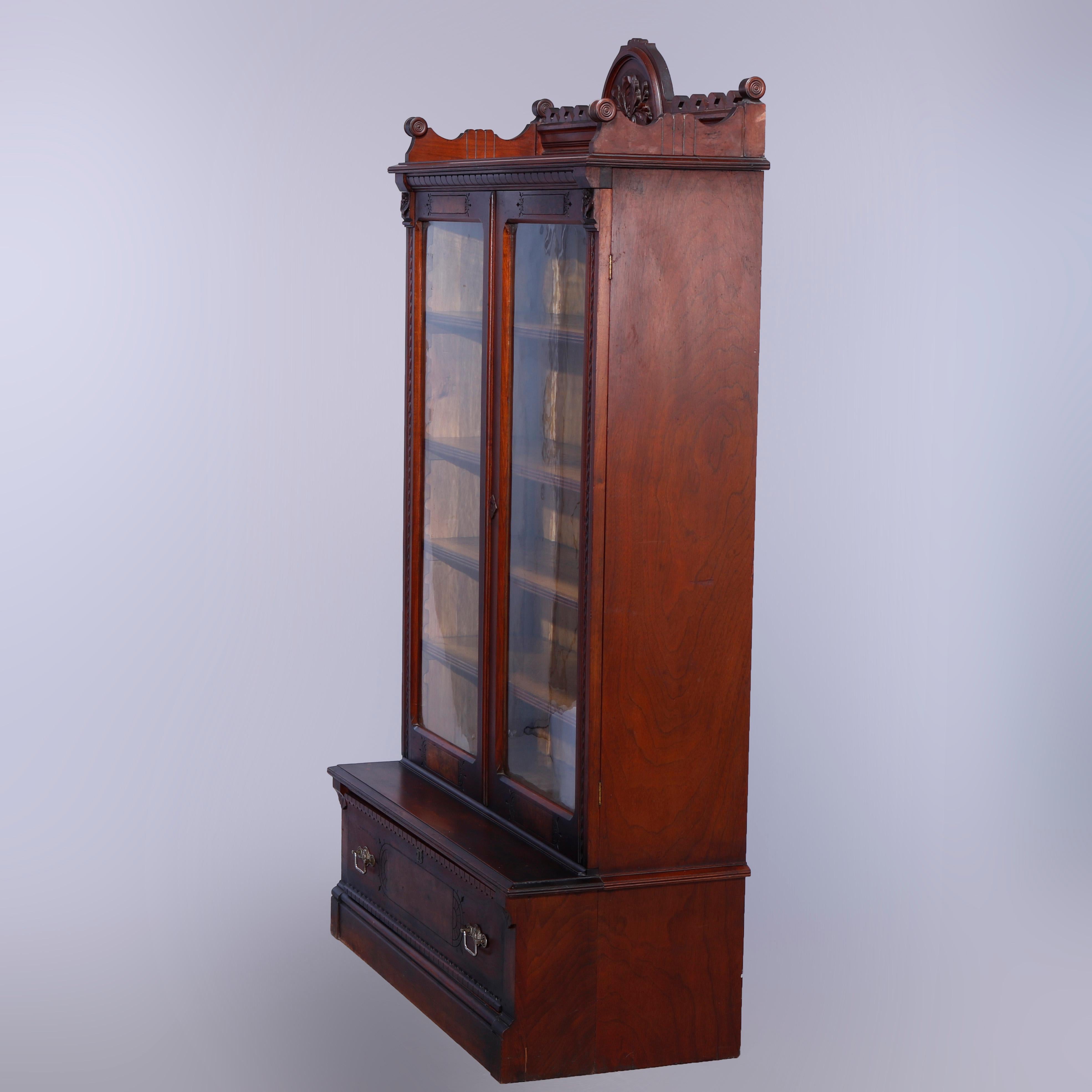 Antique Eastlake Walnut & Burl Two Door Over Two Drawer Bookcase, c1890 7