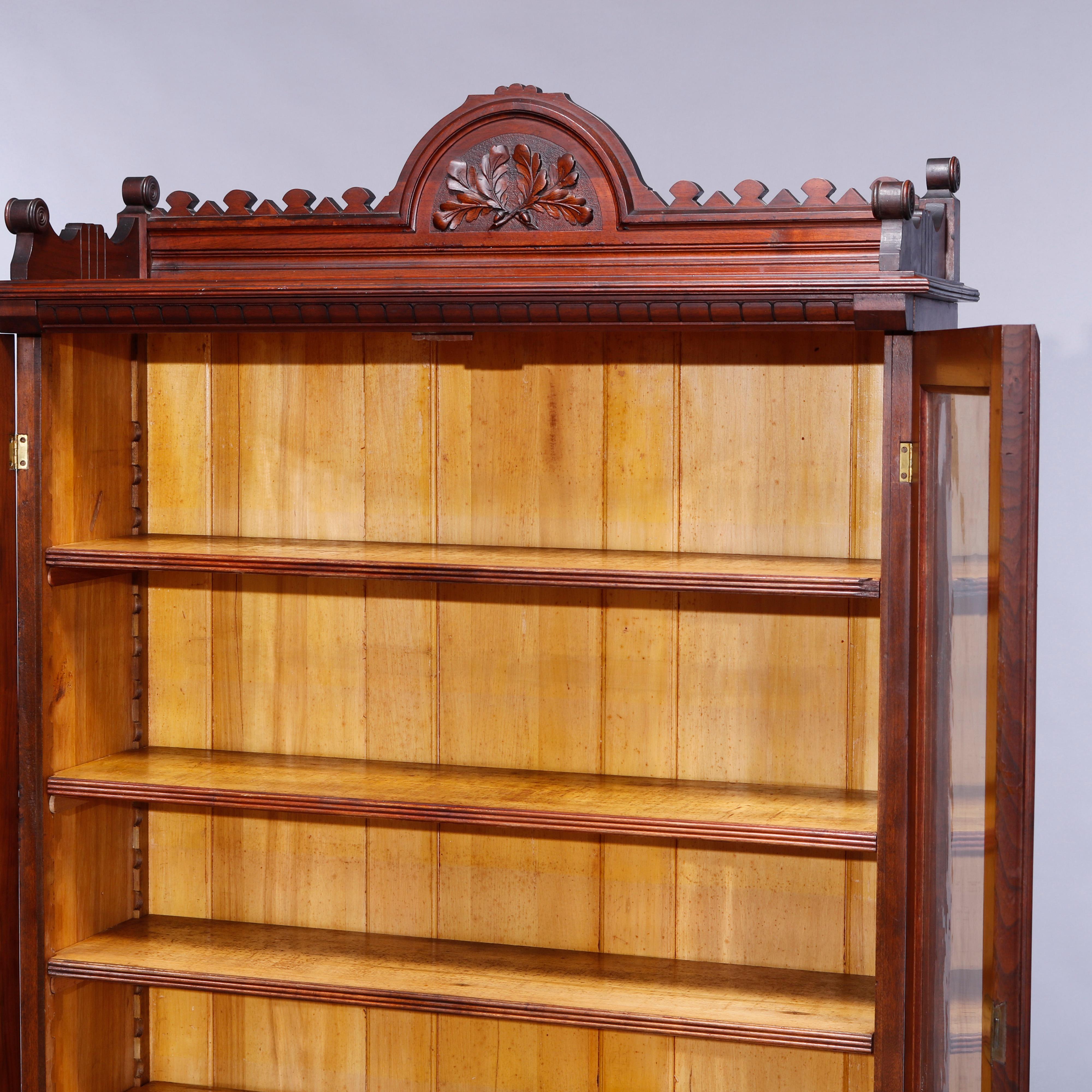 American Antique Eastlake Walnut & Burl Two Door Over Two Drawer Bookcase, c1890