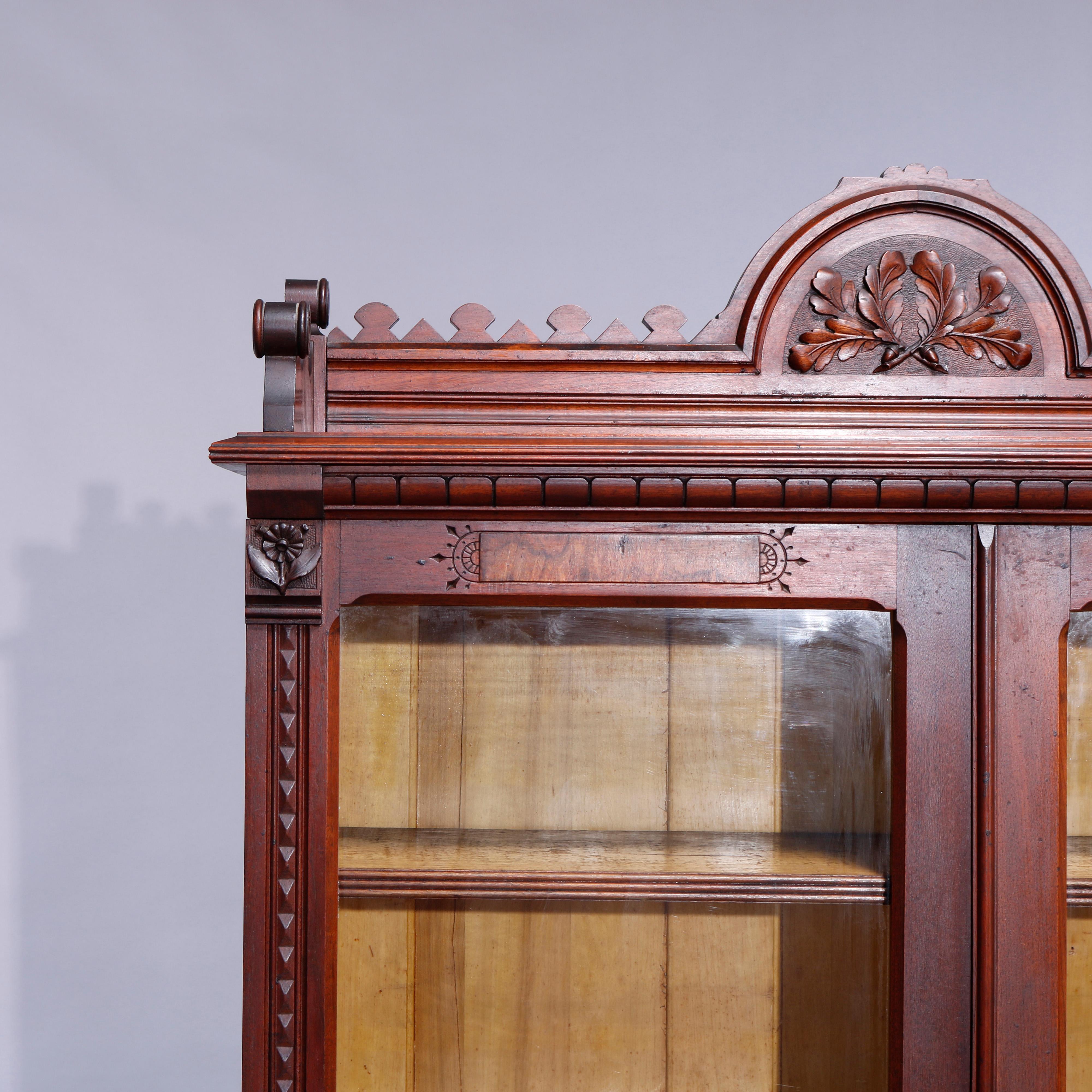Carved Antique Eastlake Walnut & Burl Two Door Over Two Drawer Bookcase, c1890