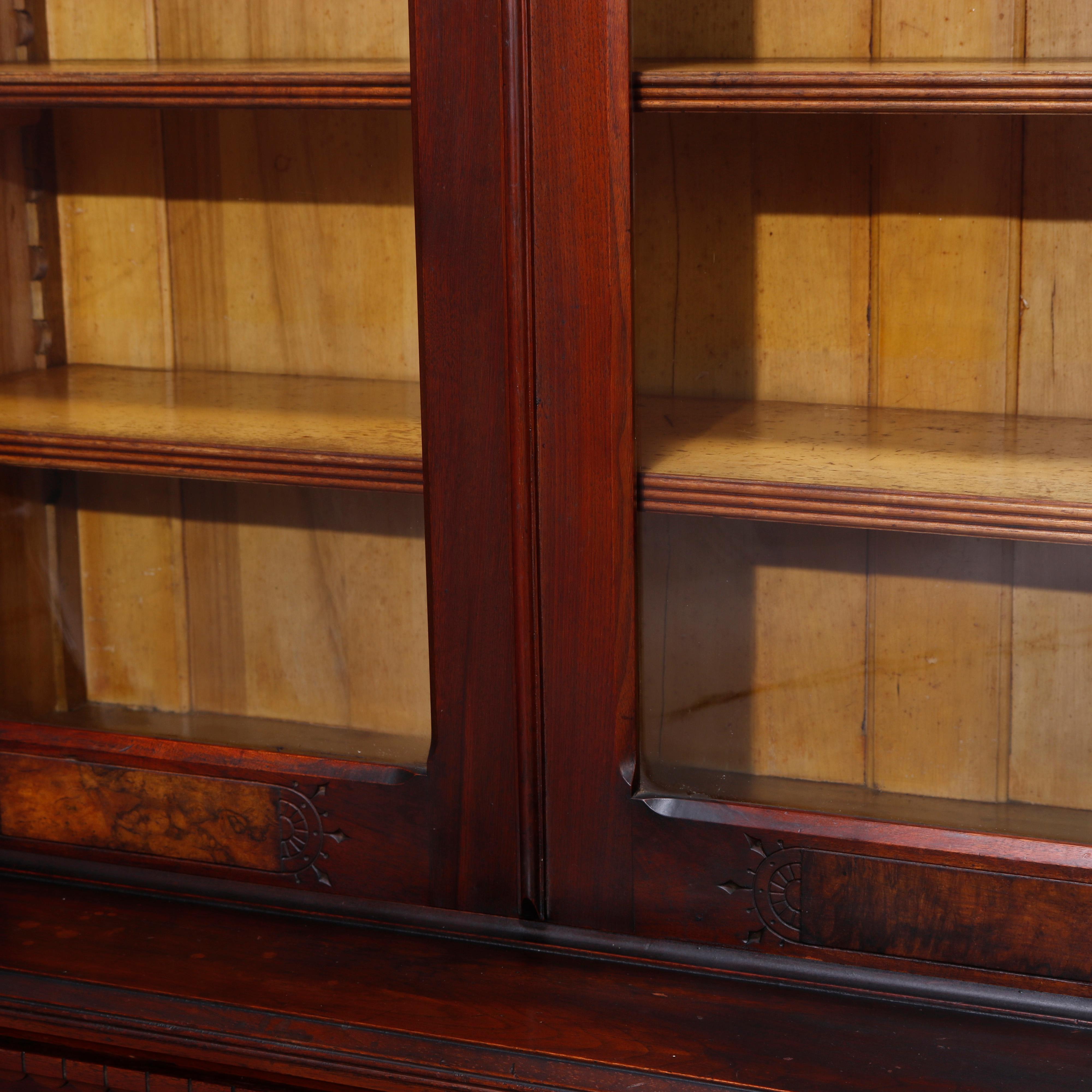 Antique Eastlake Walnut & Burl Two Door Over Two Drawer Bookcase, c1890 1