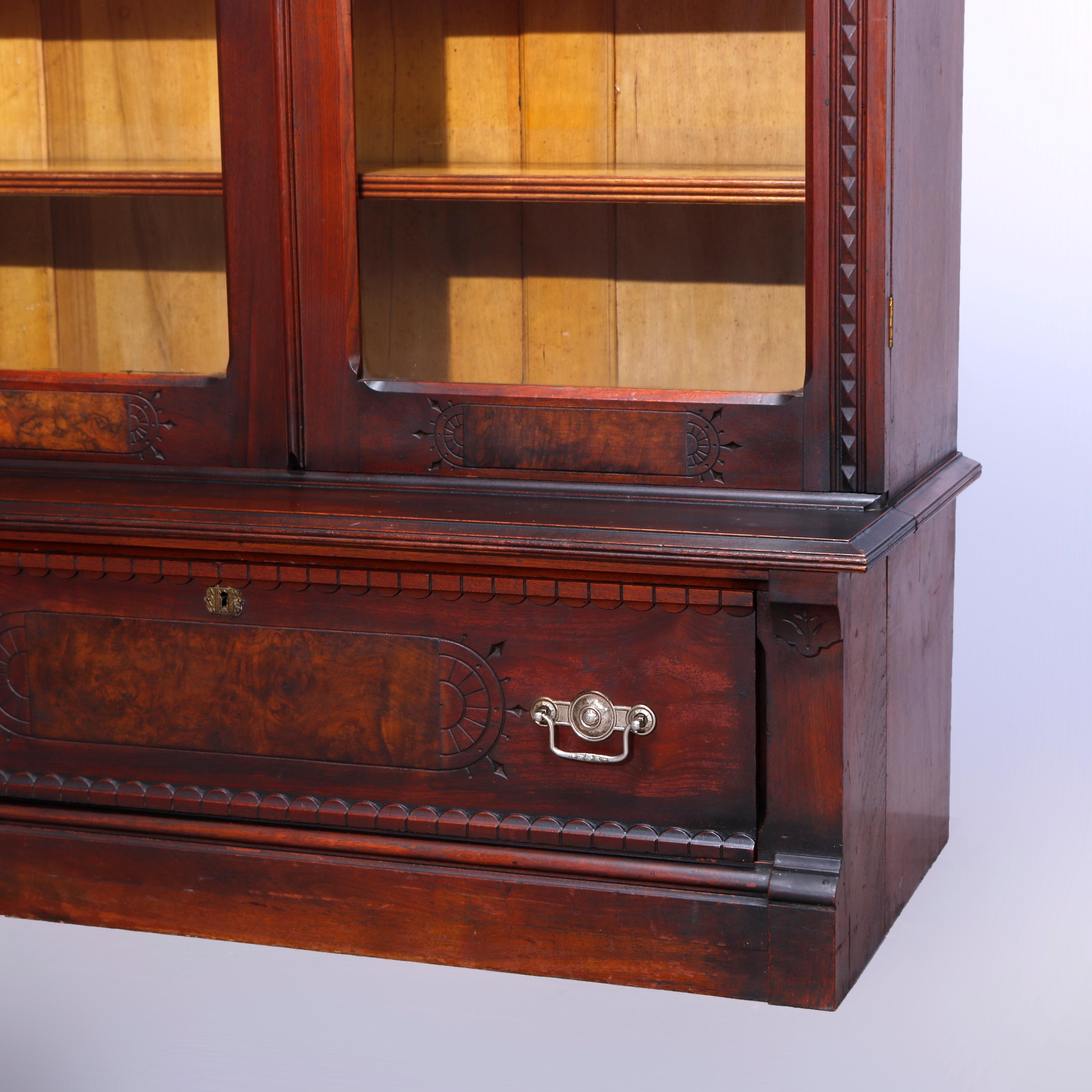 Antique Eastlake Walnut & Burl Two Door Over Two Drawer Bookcase, c1890 2