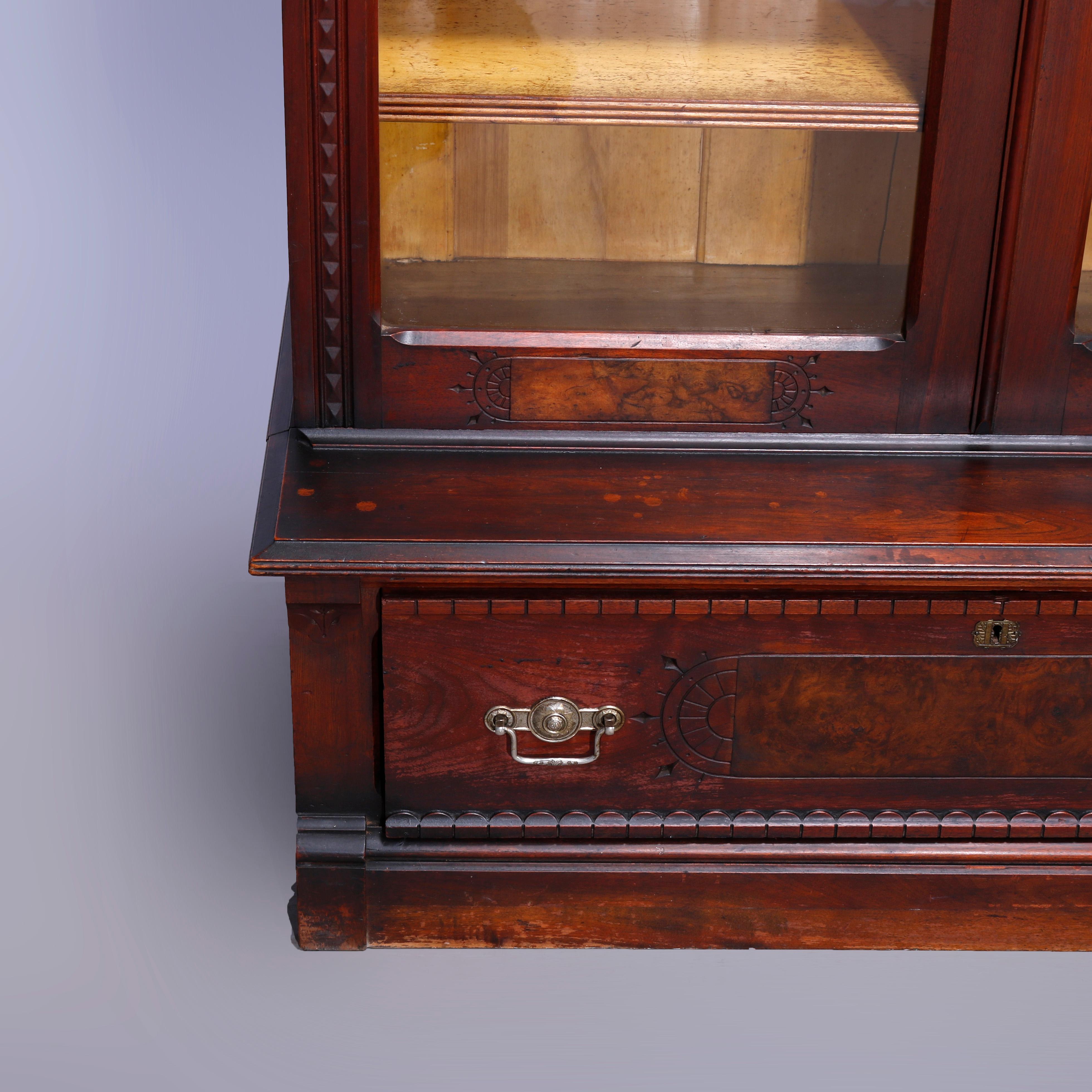 Antique Eastlake Walnut & Burl Two Door Over Two Drawer Bookcase, c1890 3