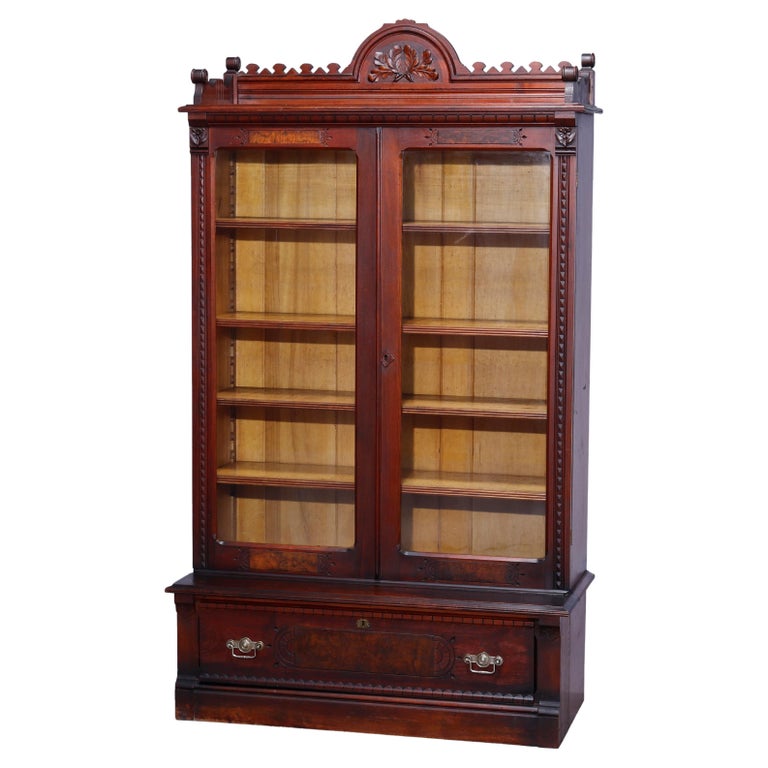 Antique Eastlake Walnut and Burl Two Door Over Two Drawer Bookcase