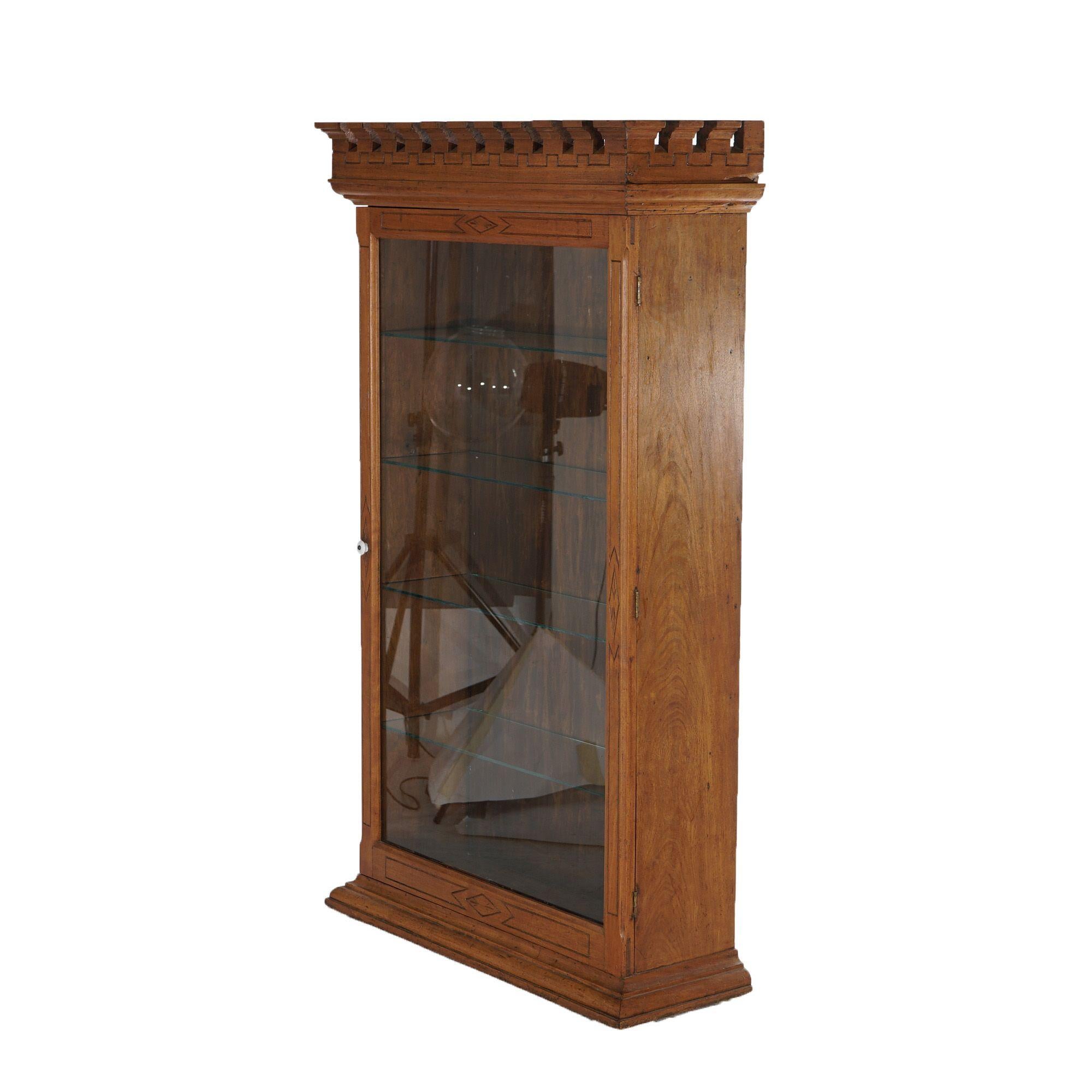 Glass Antique Eastlake Walnut Country Store Hanging Display Wall Cabinet Circa 1890