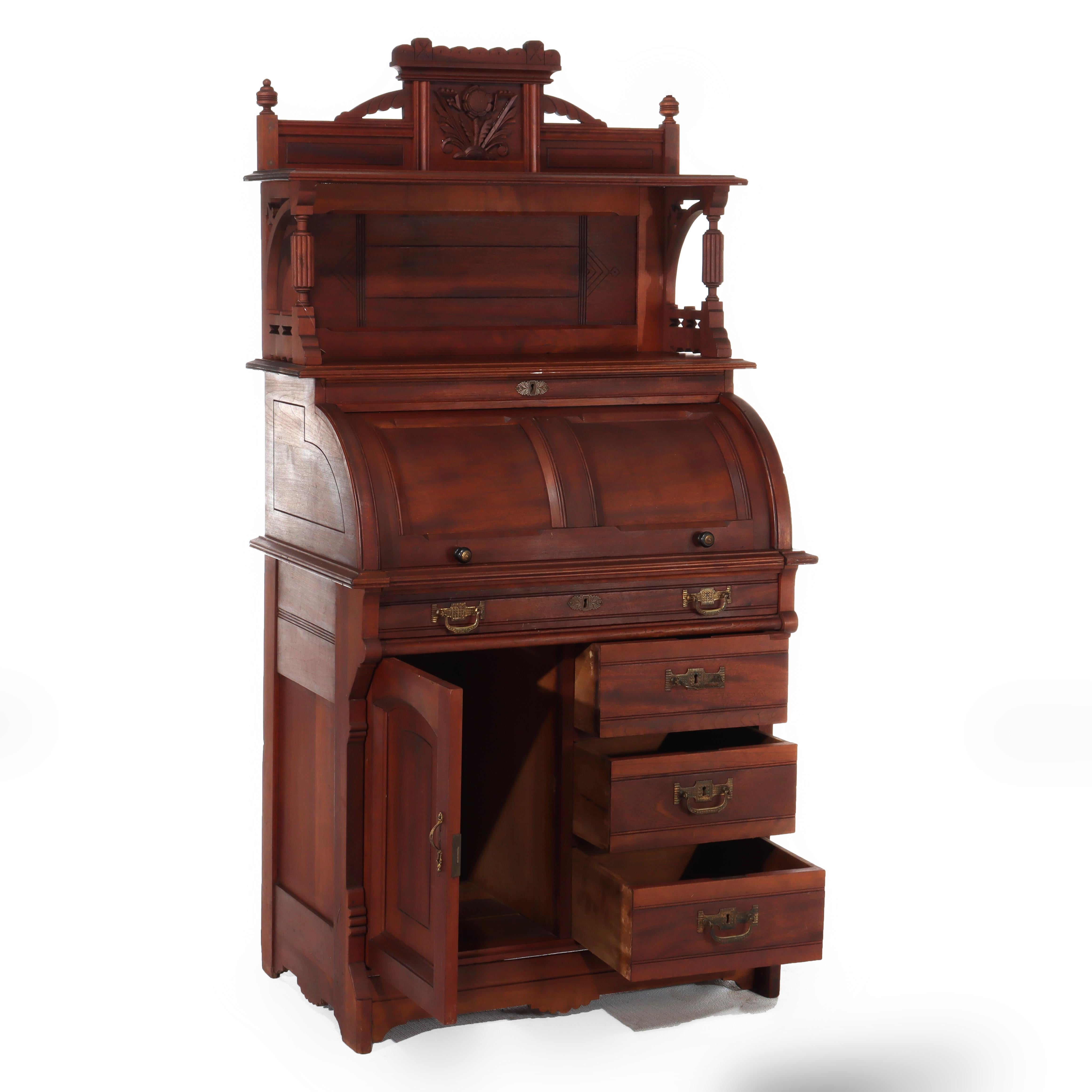 Antico scrittoio in noce Eastlake con pannello a cilindro Rolle c1890 in vendita 13