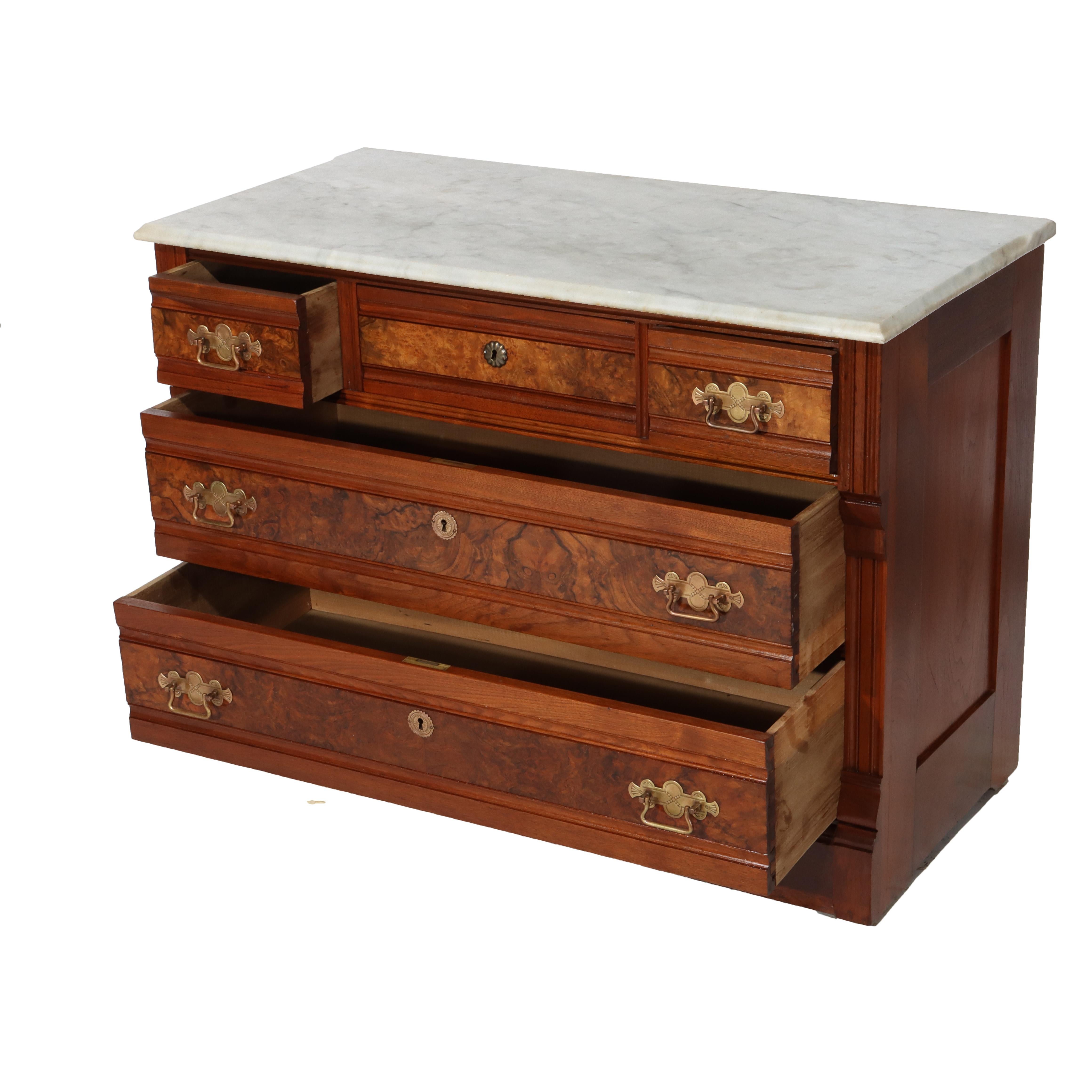 Antike Eastlake Nussbaum fünf Schubladen Marmor oben Kommode C1890
Maße - 30 