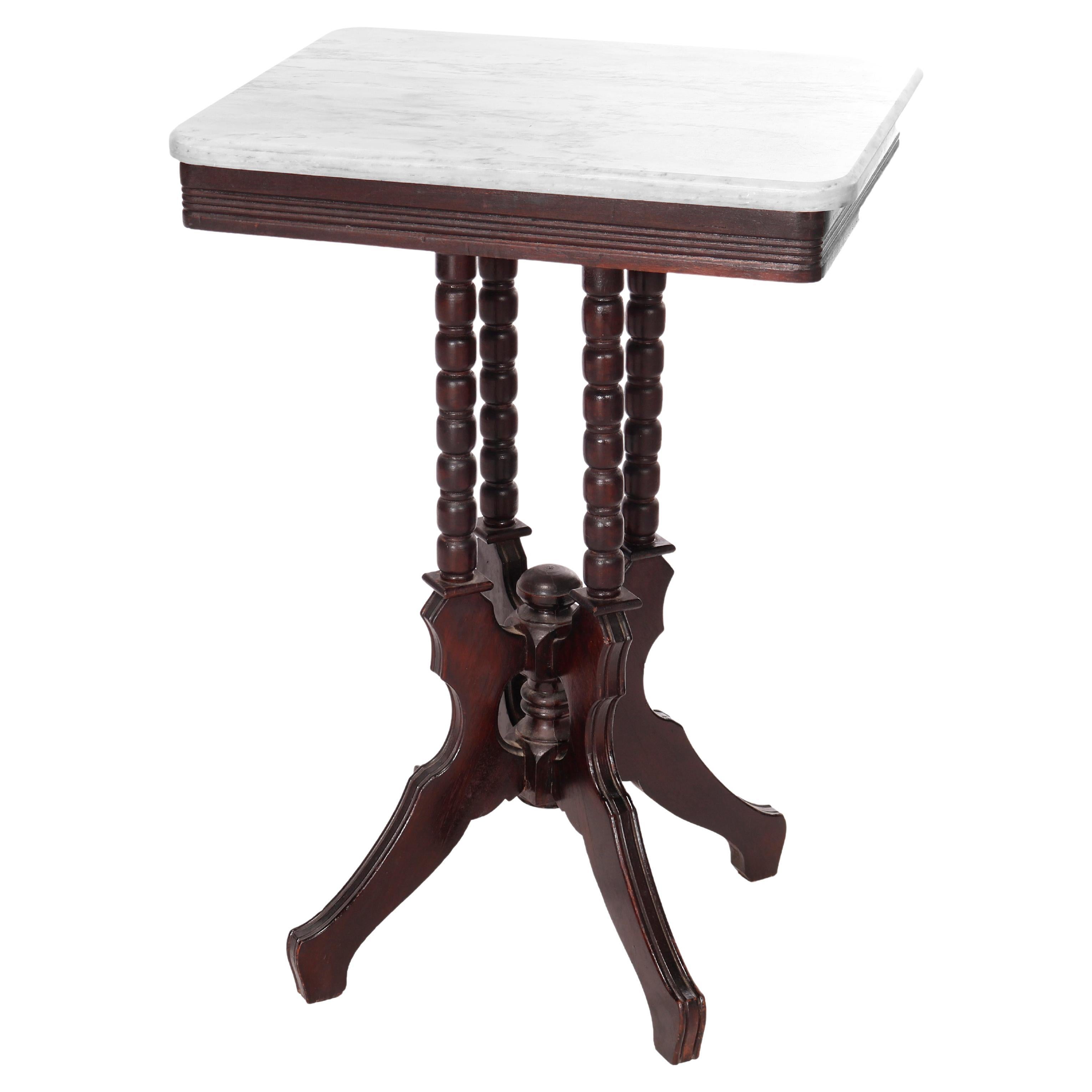 Antique Eastlake Carved Walnut Burl and Rouge MarbleTop Parlor Table