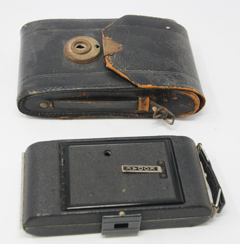 Aluminum Antique Eastman Kodak 3A Folding Pocket Camera with Leather Case For Sale