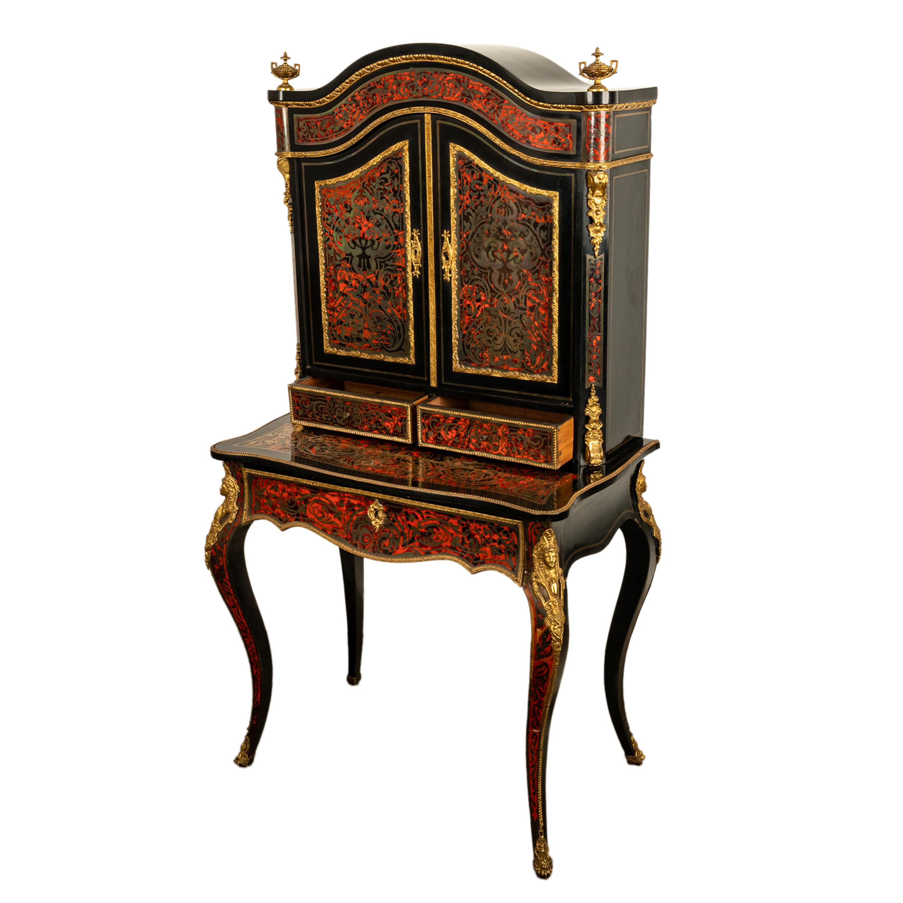 Antique Ebonised Boulle Ormolu Desk Cabinet Bonheur du Jour Kunst Mobel Denmark In Good Condition For Sale In Portland, OR