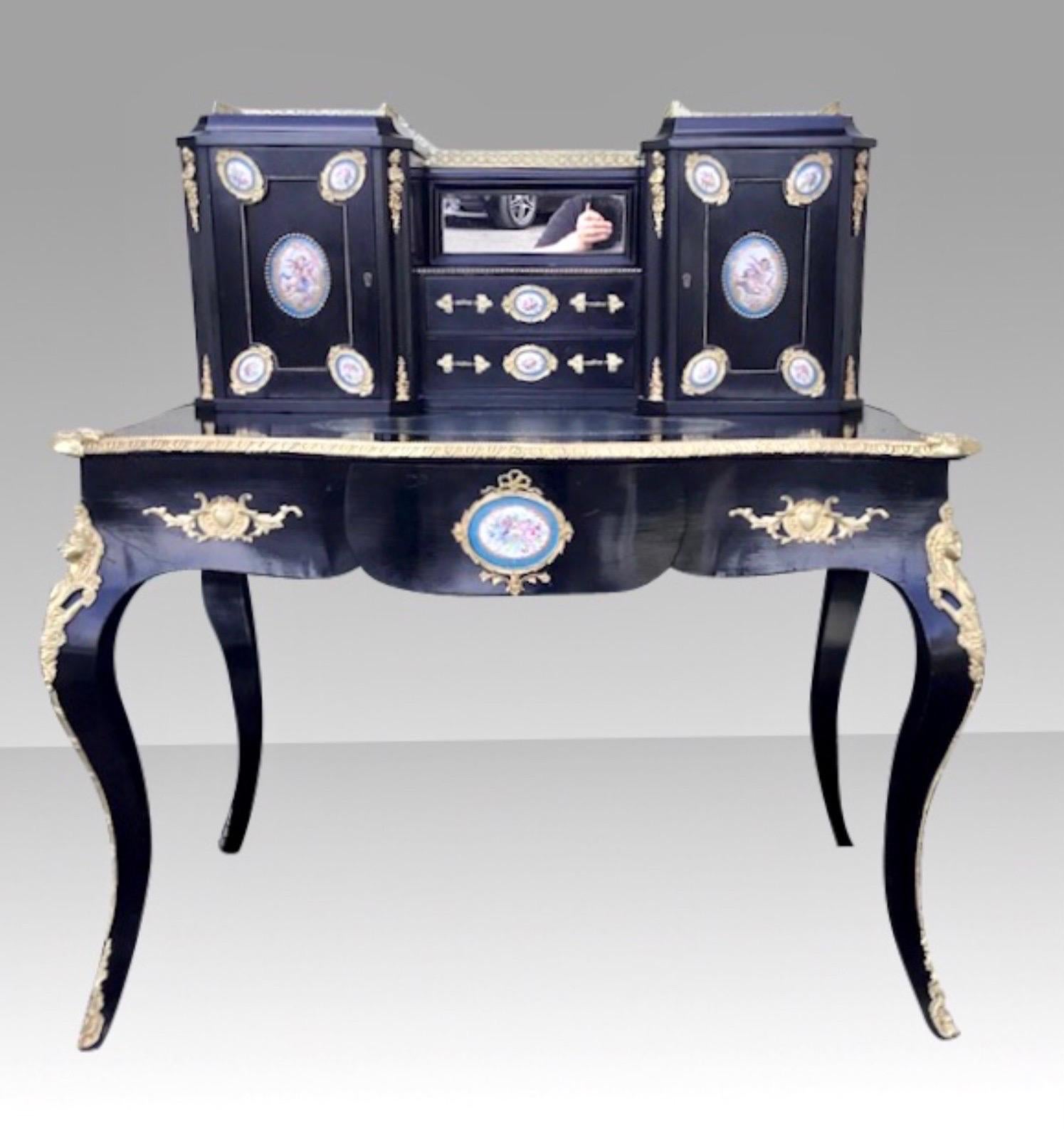 Antique Ebonised Ormolu Mounted Bon-Heur Du Jour Desk For Sale 1