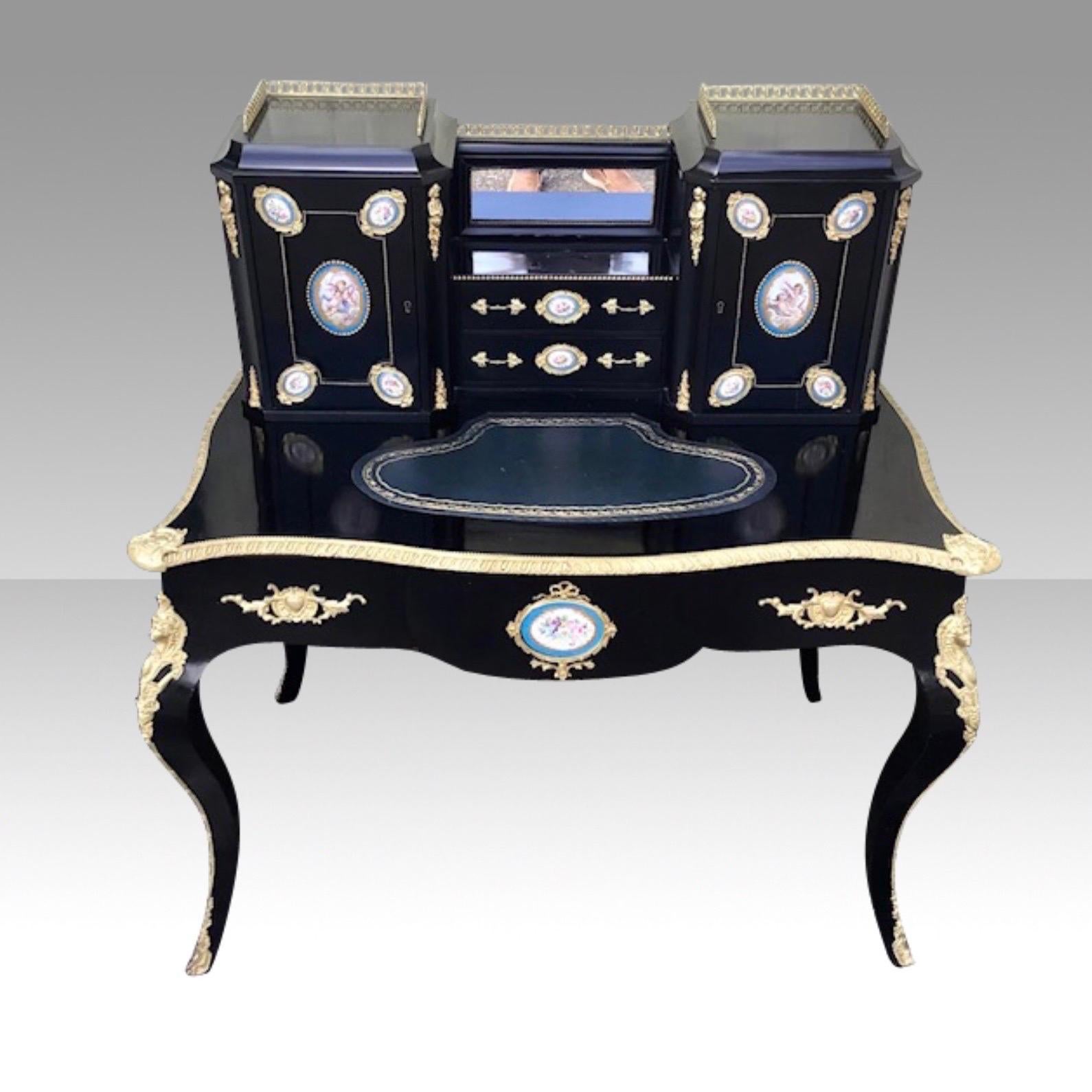 Rococo Revival Antique Ebonised Ormolu Mounted Bon-Heur Du Jour Desk For Sale