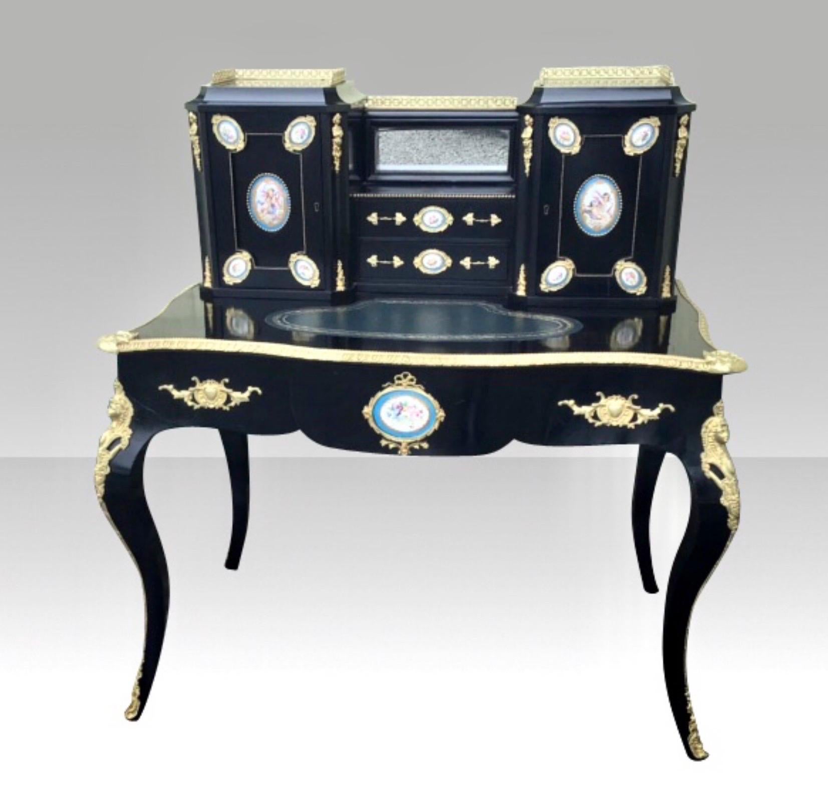 English Antique Ebonised Ormolu Mounted Bon-Heur Du Jour Desk For Sale