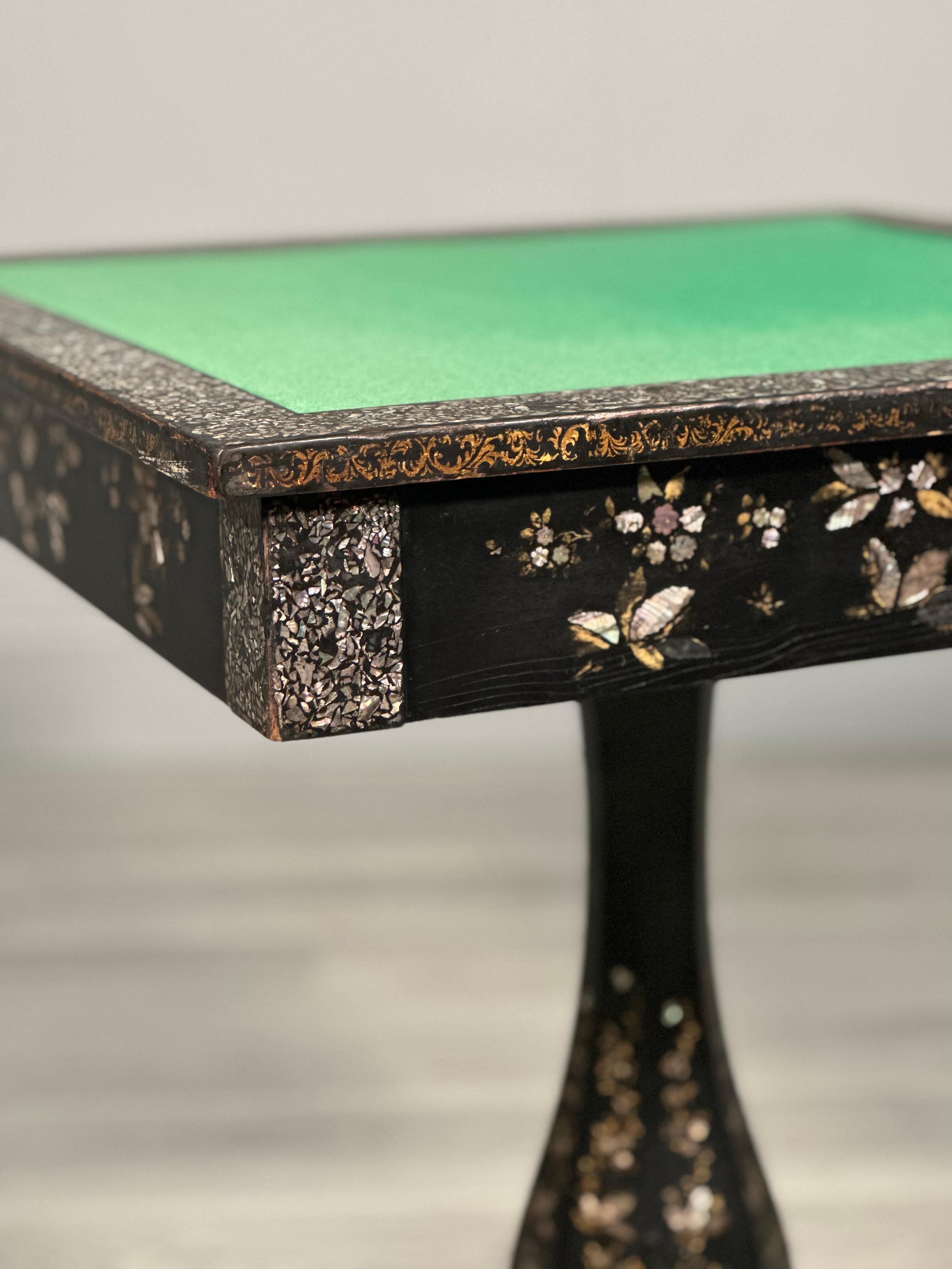 Antique Ebonised Papier Mache Mother Of Pearl Games Table For Sale 3