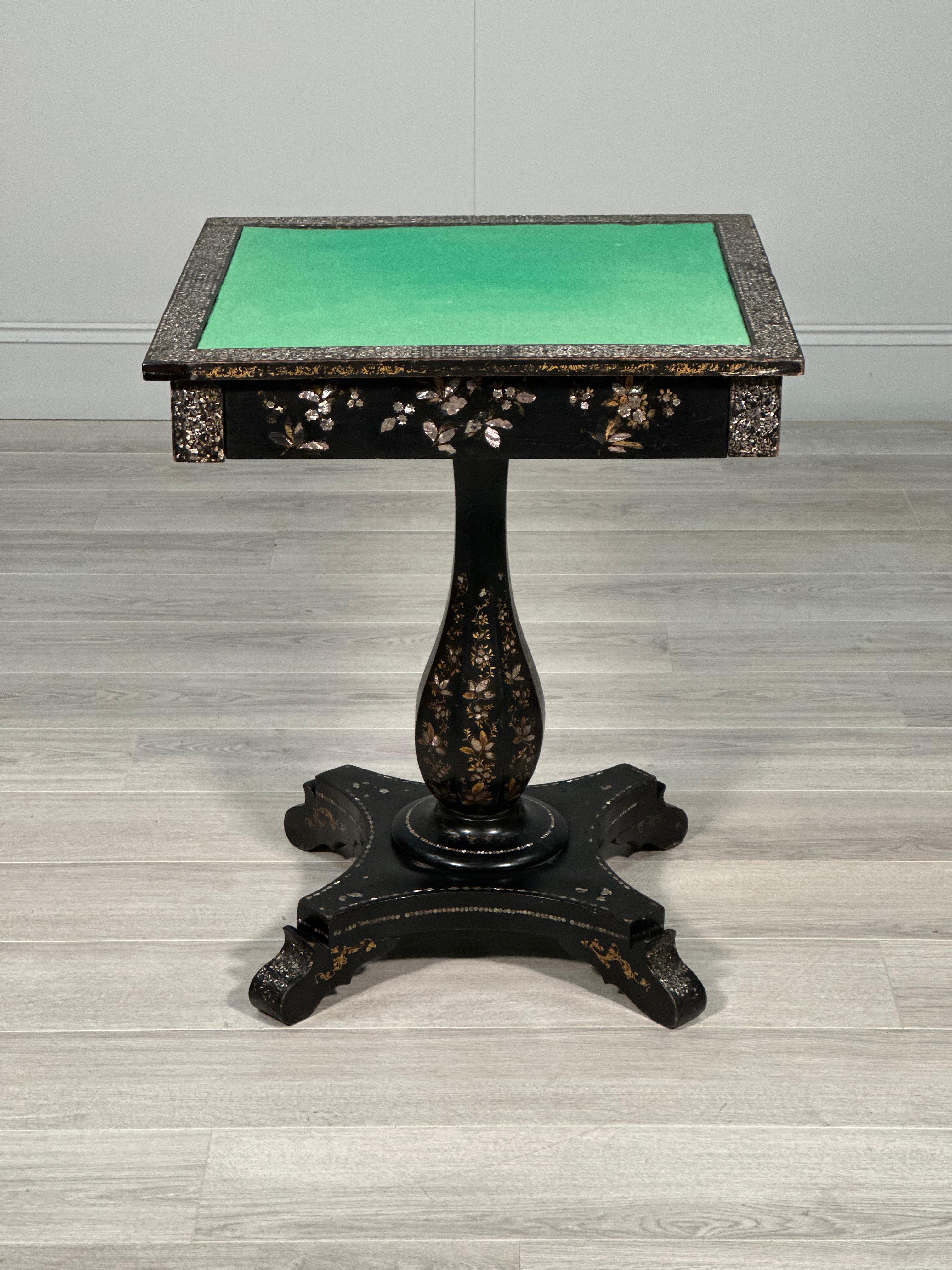 Antique Ebonised Papier Mache Mother Of Pearl Games Table For Sale 1