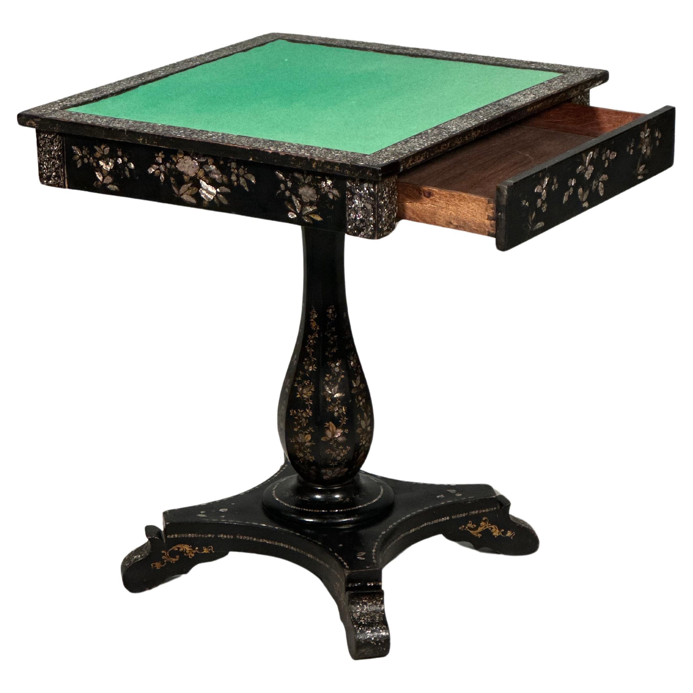 Antique Ebonised Papier Mache Mother Of Pearl Games Table For Sale