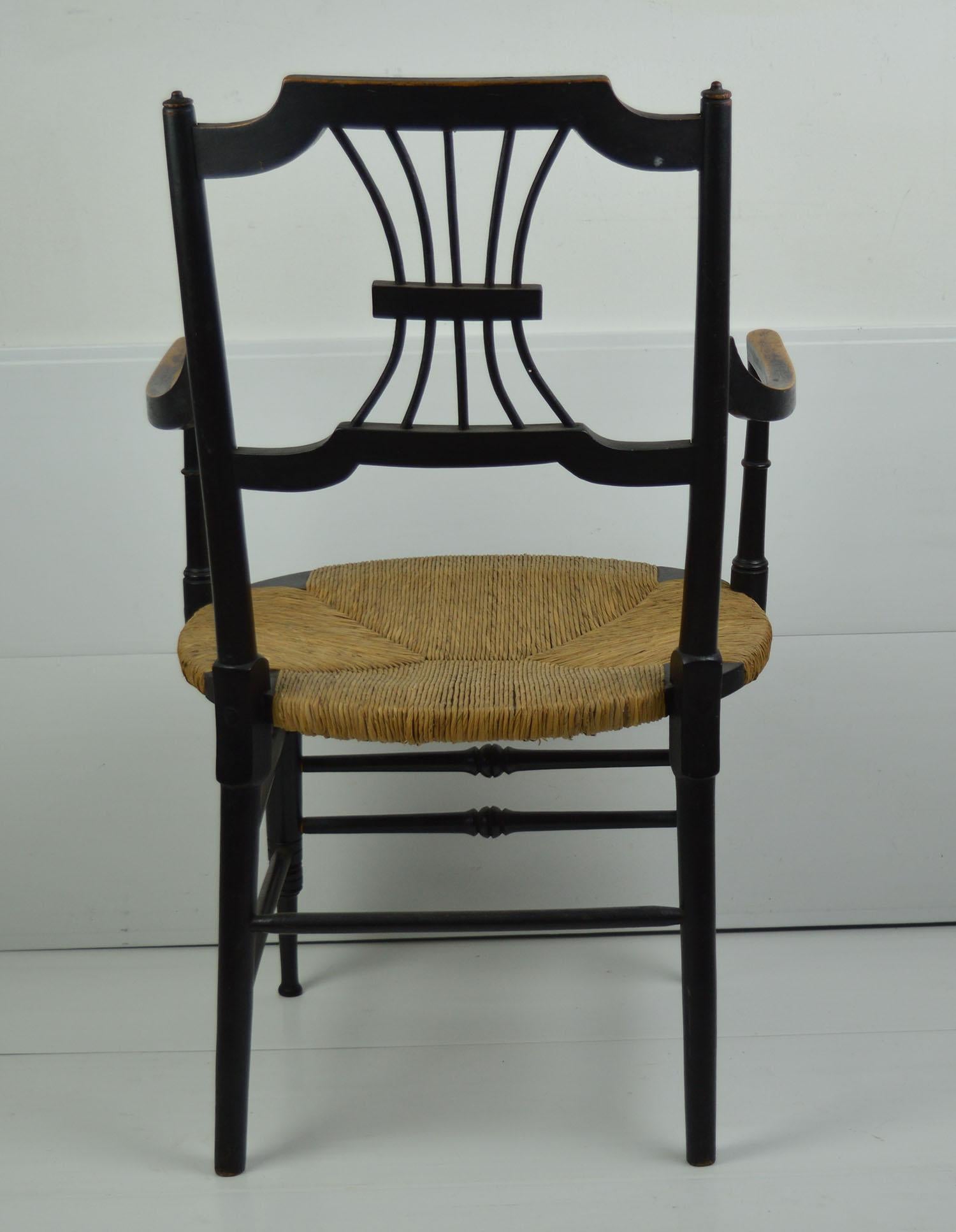 Arts and Crafts Antique Ebonised Rush Seated Chair Designed by Dante Gabriel Rossetti