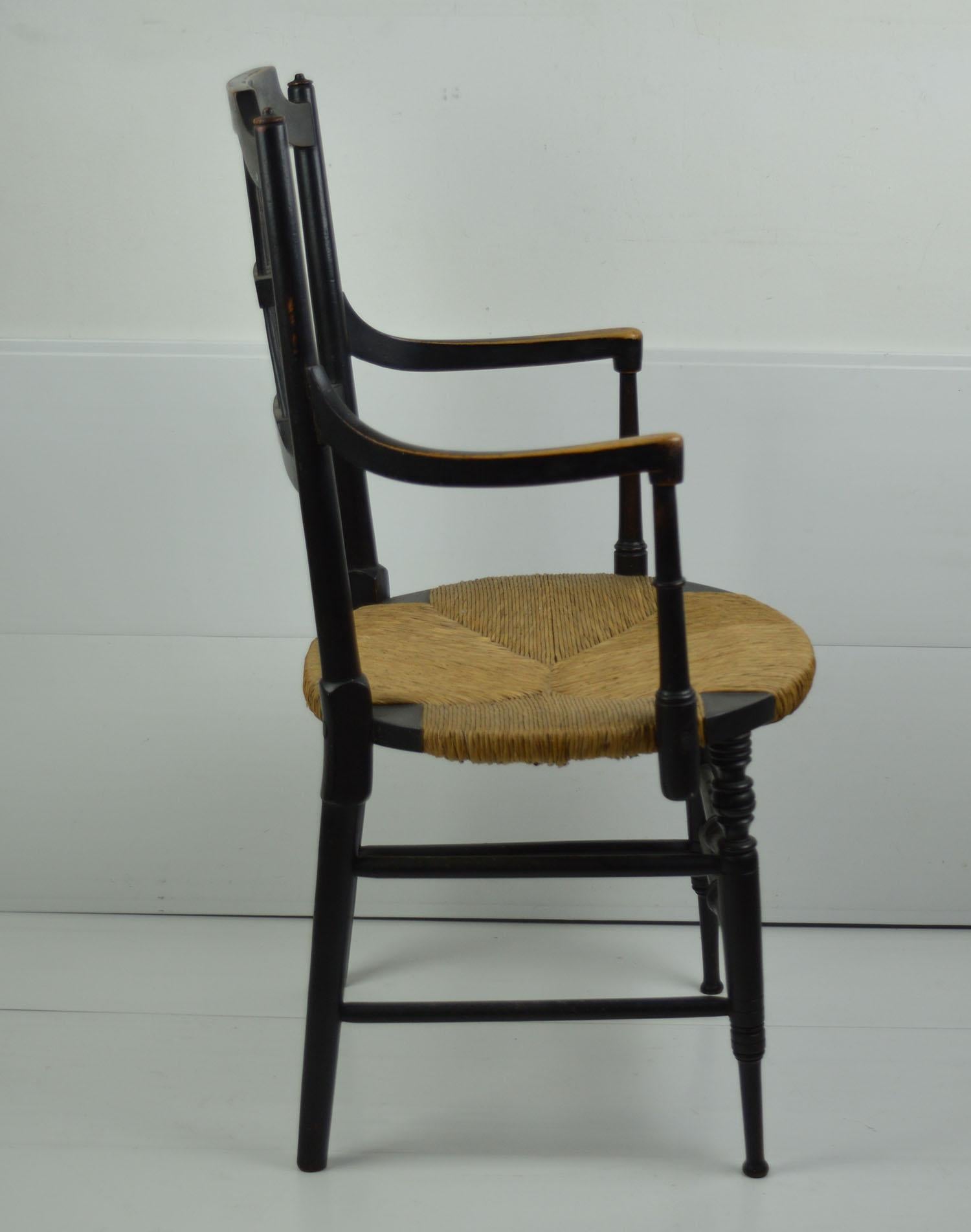 English Antique Ebonised Rush Seated Chair Designed by Dante Gabriel Rossetti