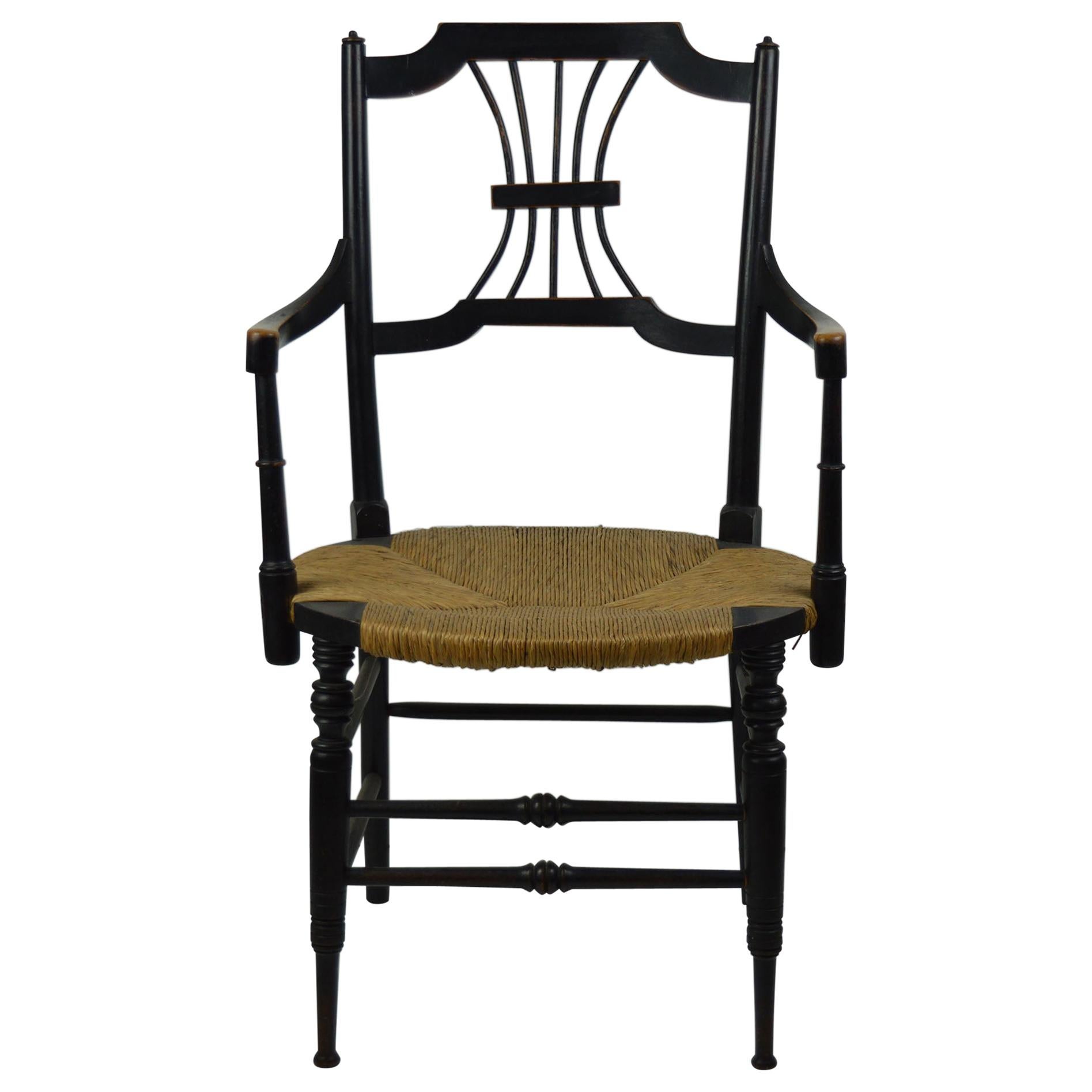 Antique Ebonised Rush Seated Chair Designed by Dante Gabriel Rossetti