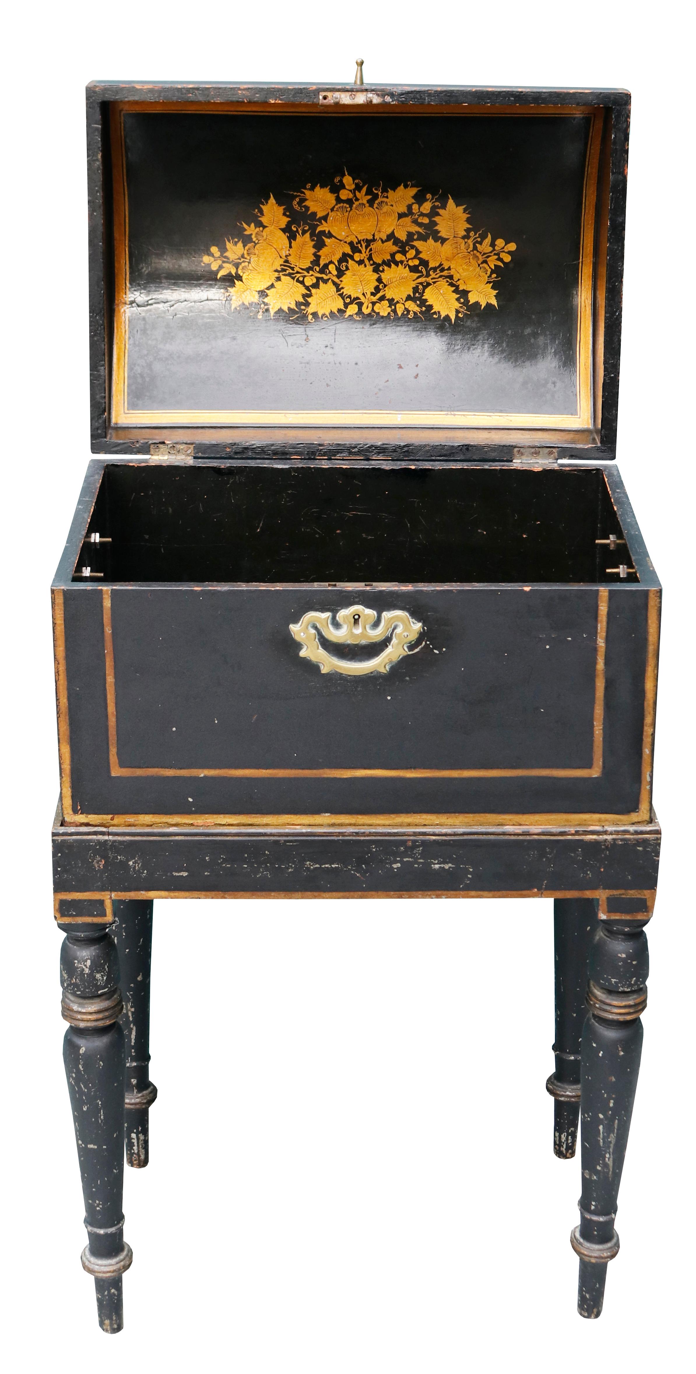 Brass Antique Ebonised Trunk on Stand For Sale