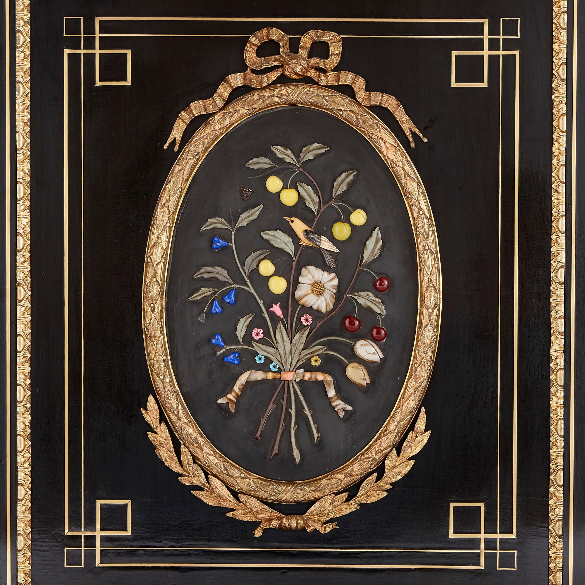 French Antique Ebonized Wood, Gilt Bronze and Hardstone Cabinet For Sale