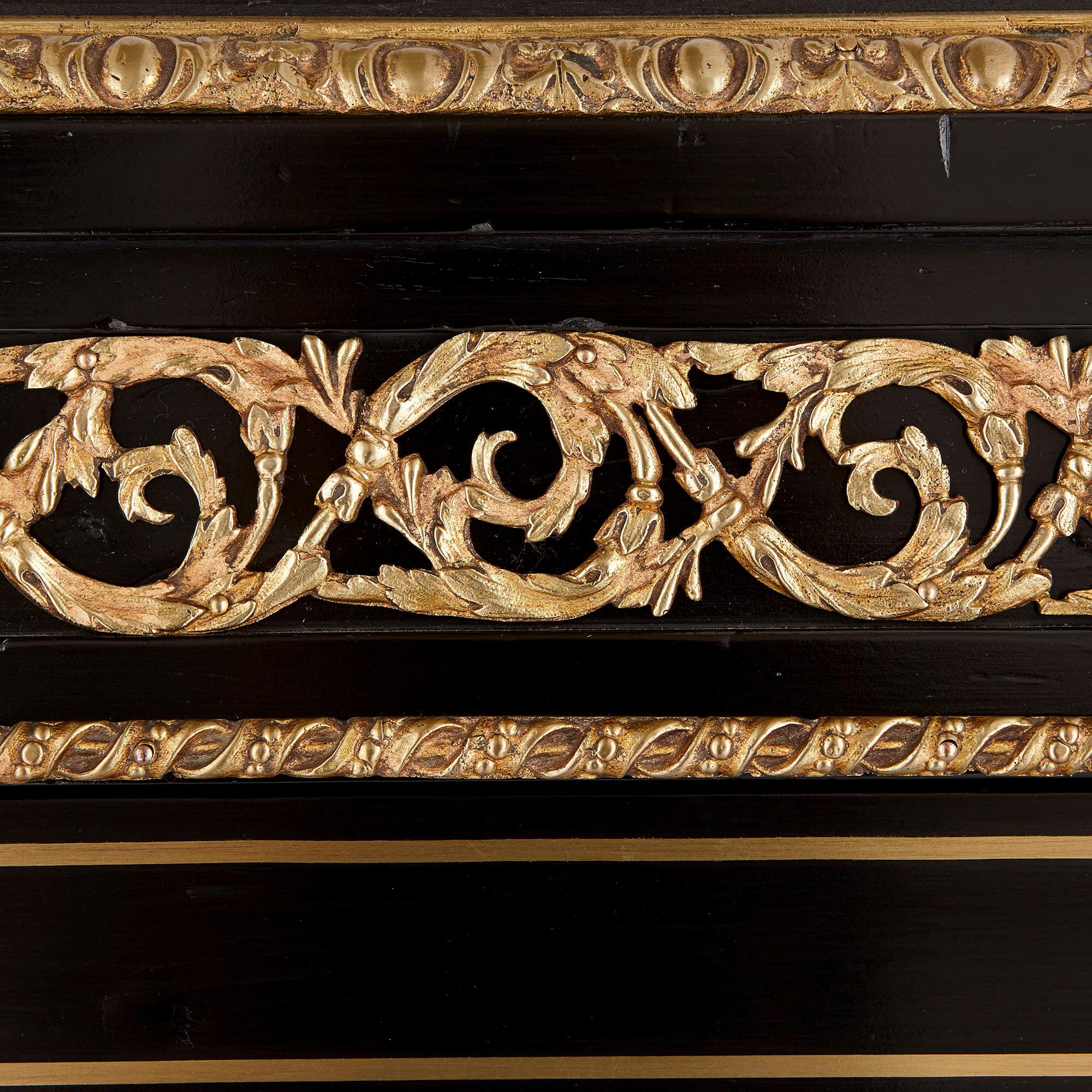 19th Century Antique Ebonized Wood, Gilt Bronze and Hardstone Cabinet For Sale