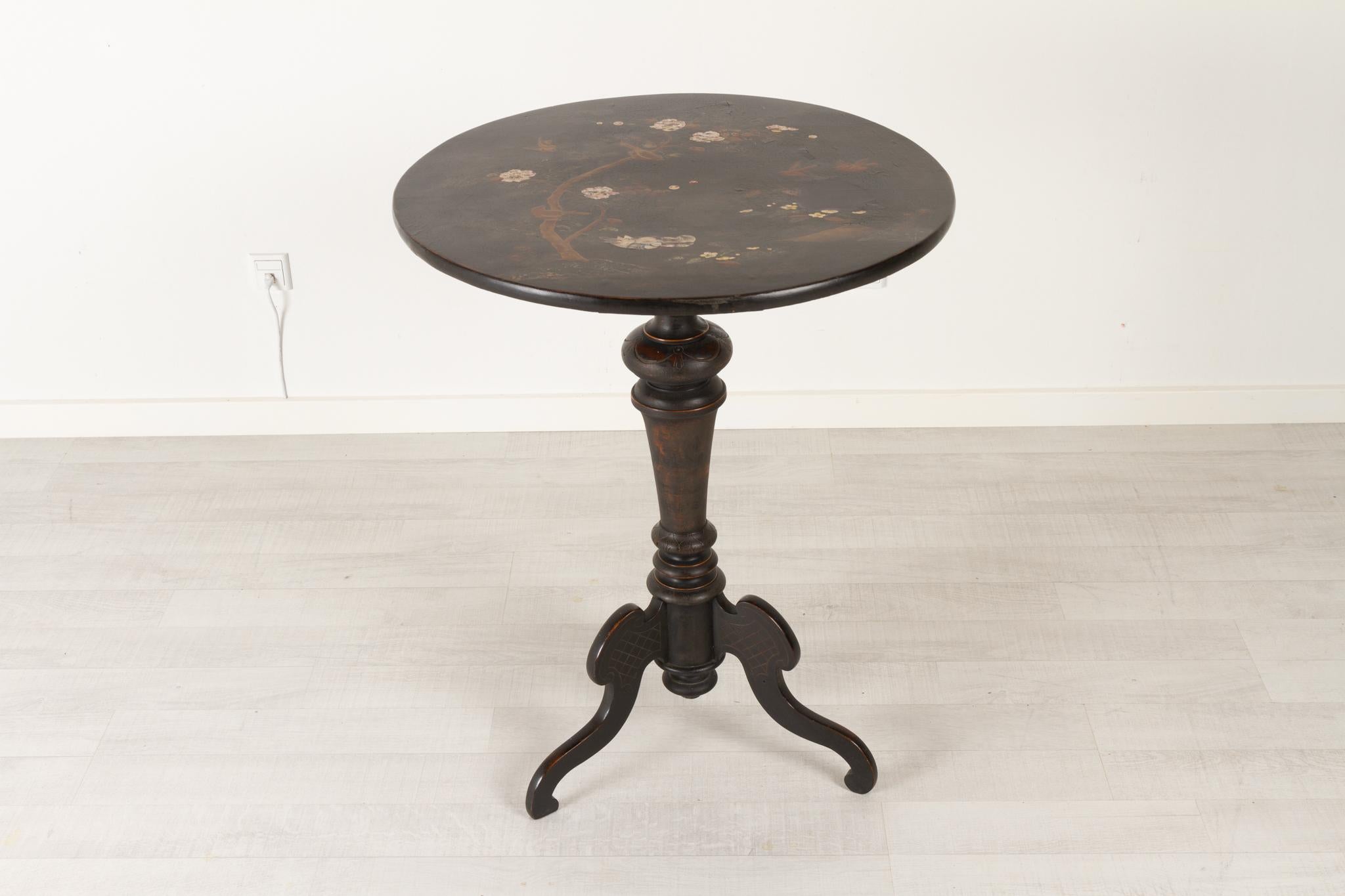 Chinoiserie Antique Ebonized and Laquered Side Table, Late 1800s