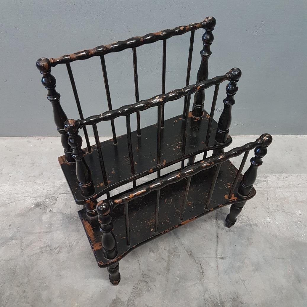 Oak Antique Ebonized Bobbin Canterbury Magazine Rack, circa 1860 For Sale