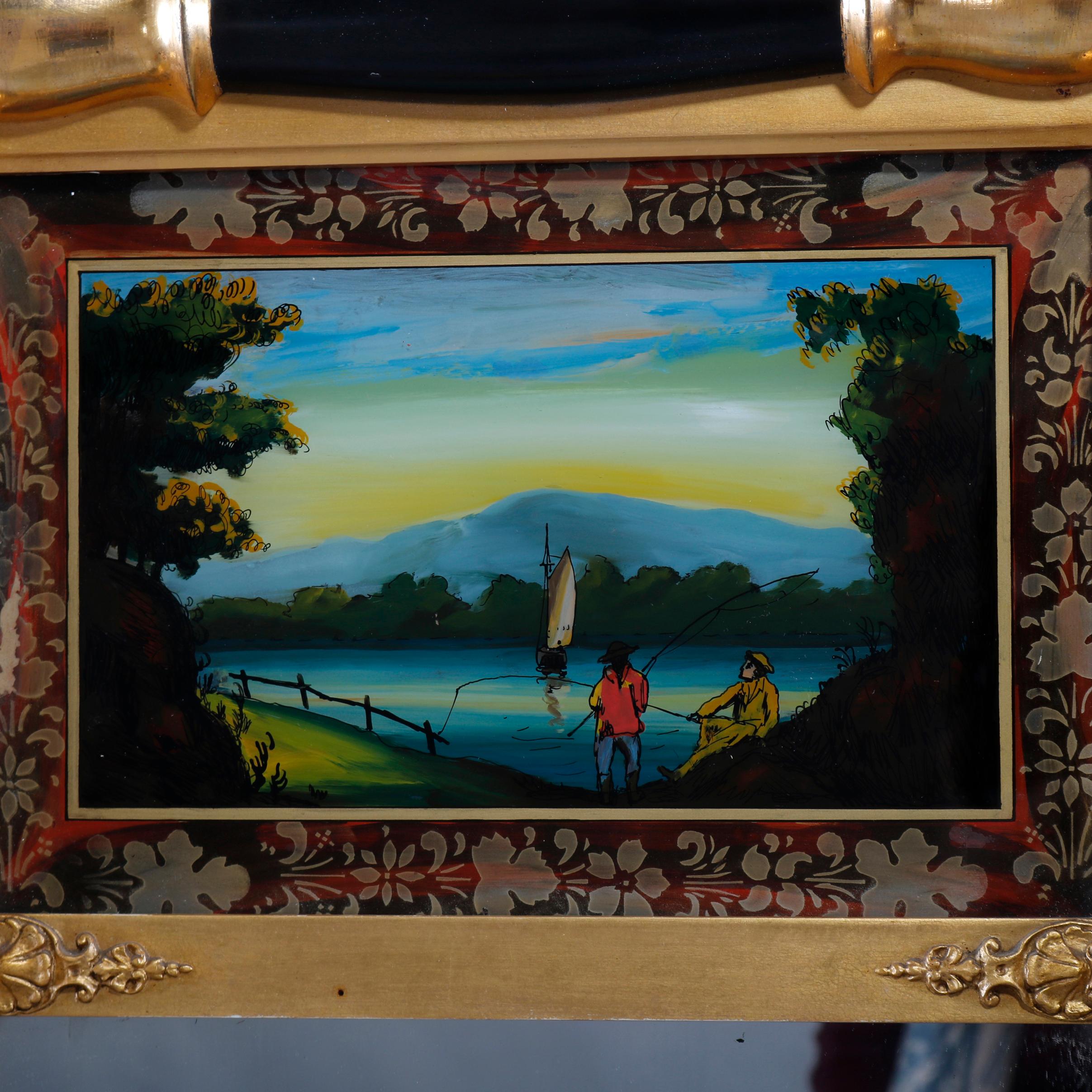 An antique federal trumeau wall mirror offers ebonized and gilt column-form frame with hand painted églomisé upper panel depicting figures fishing by and lake, circa 1880

Measures: 31