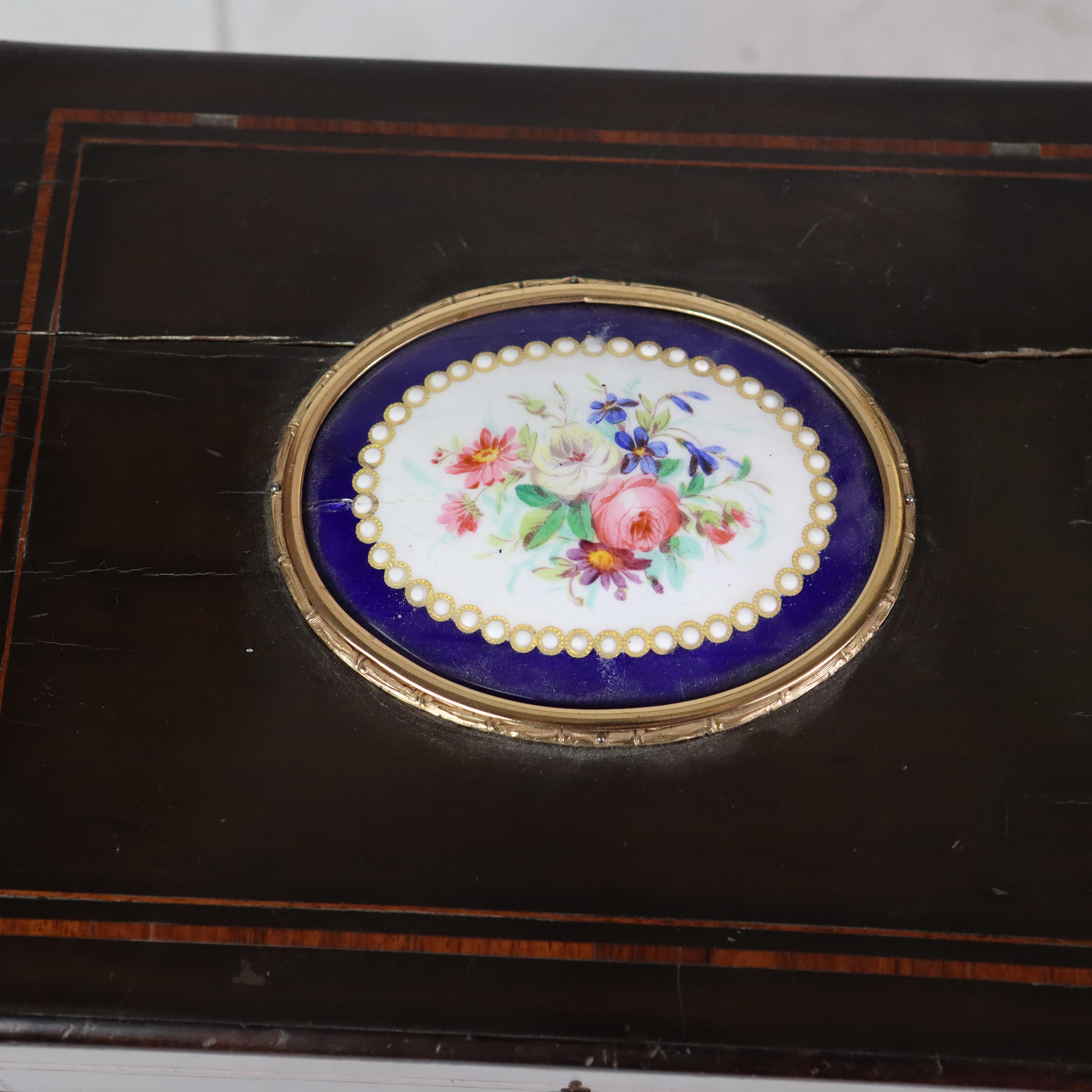 Antique Ebonized & Inlaid Humidor With Sevres Floral Porcelain Plaque Decoration C1890.
Measures - 8 3/4