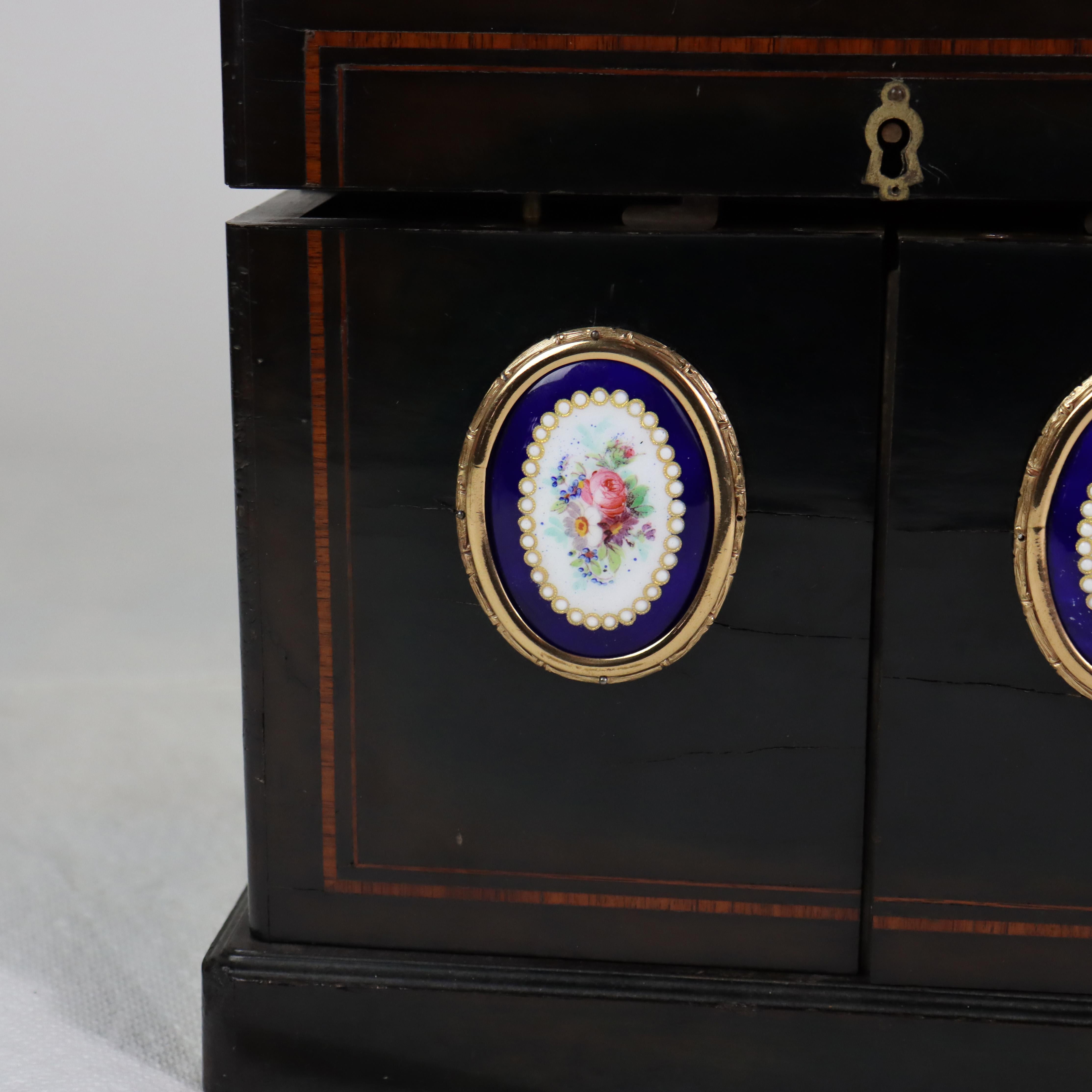 Antique Ebonized & Inlaid Humidor With Sevres Floral Porcelain Plaque c1890 In Good Condition For Sale In Big Flats, NY