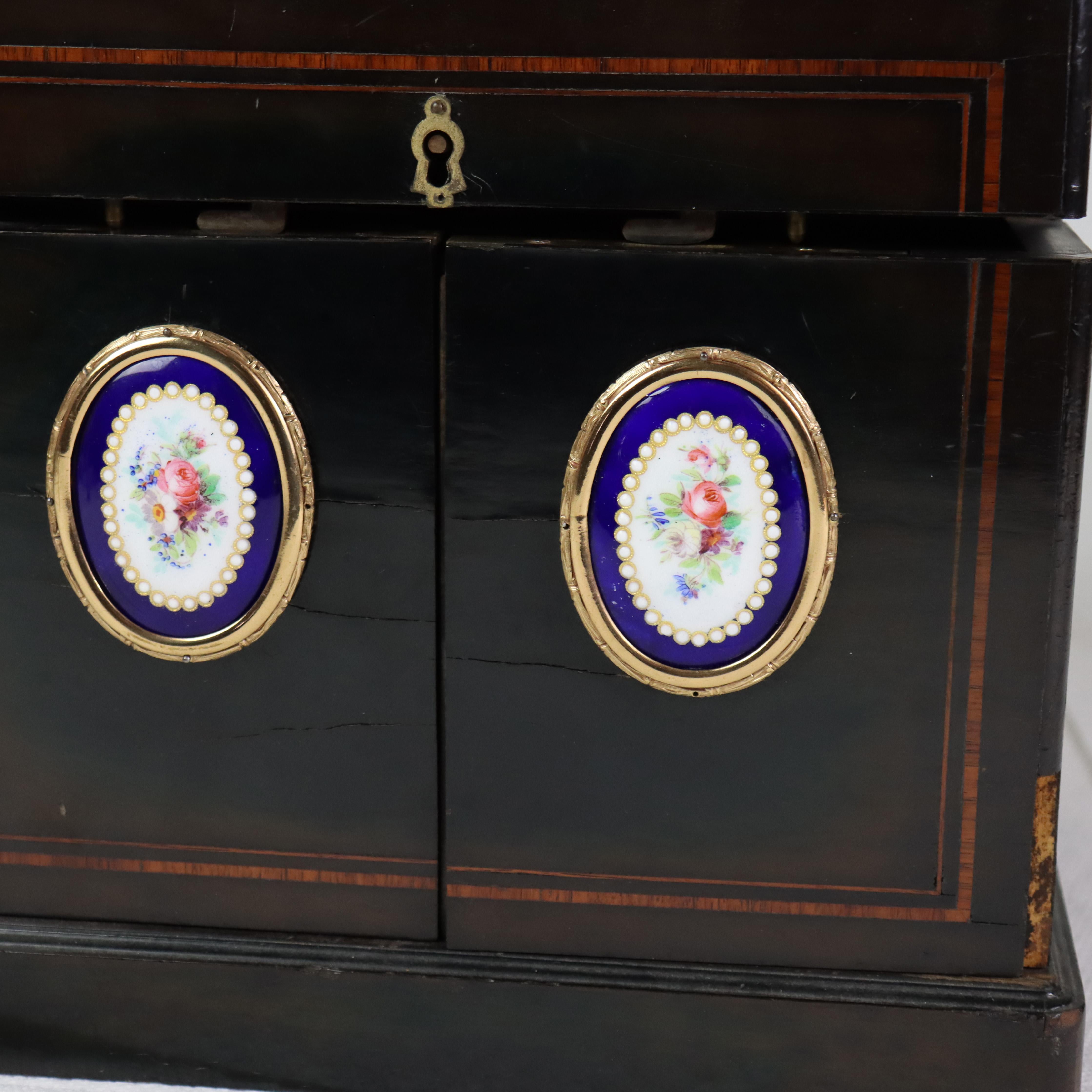 19th Century Antique Ebonized & Inlaid Humidor With Sevres Floral Porcelain Plaque c1890 For Sale