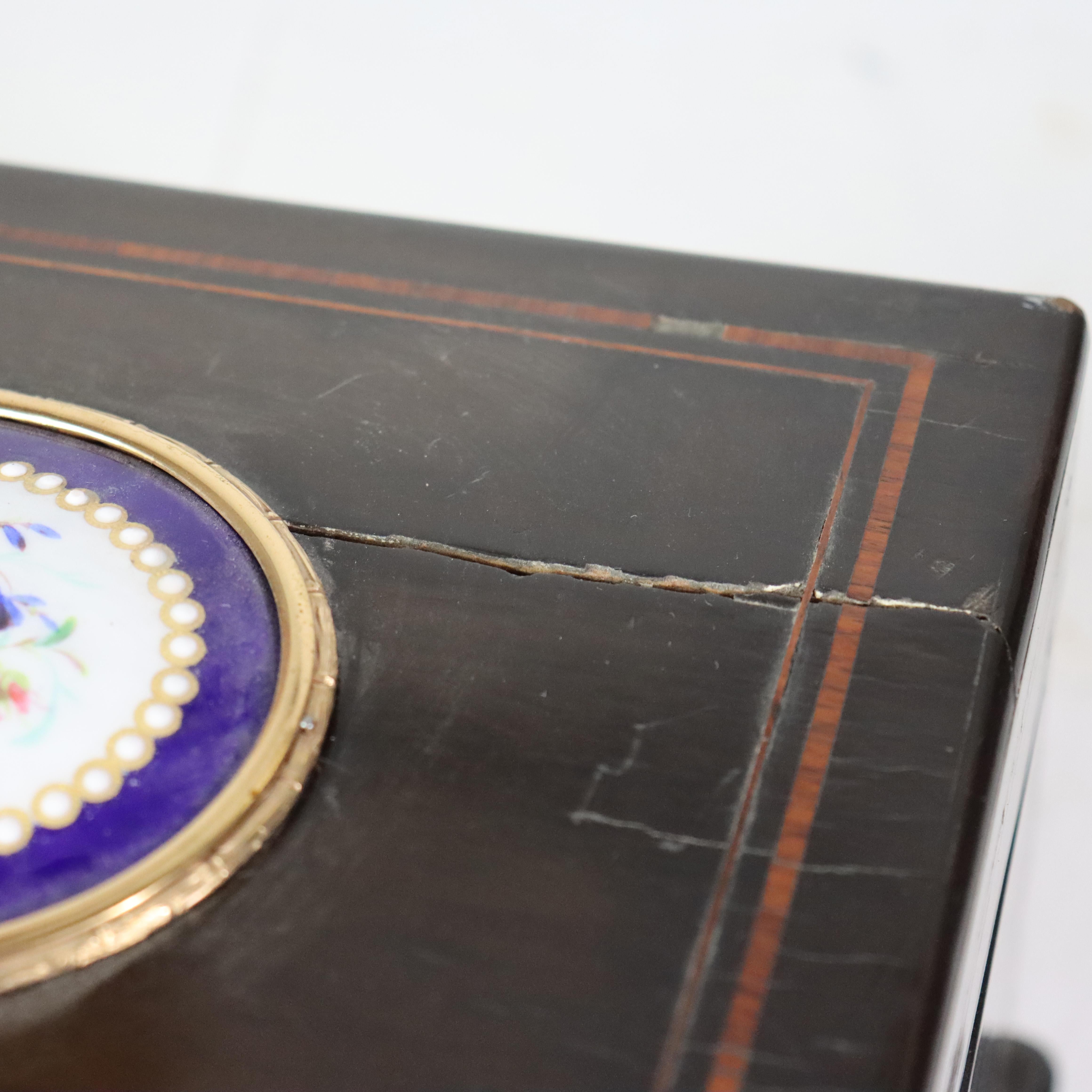 Wood Antique Ebonized & Inlaid Humidor With Sevres Floral Porcelain Plaque c1890 For Sale