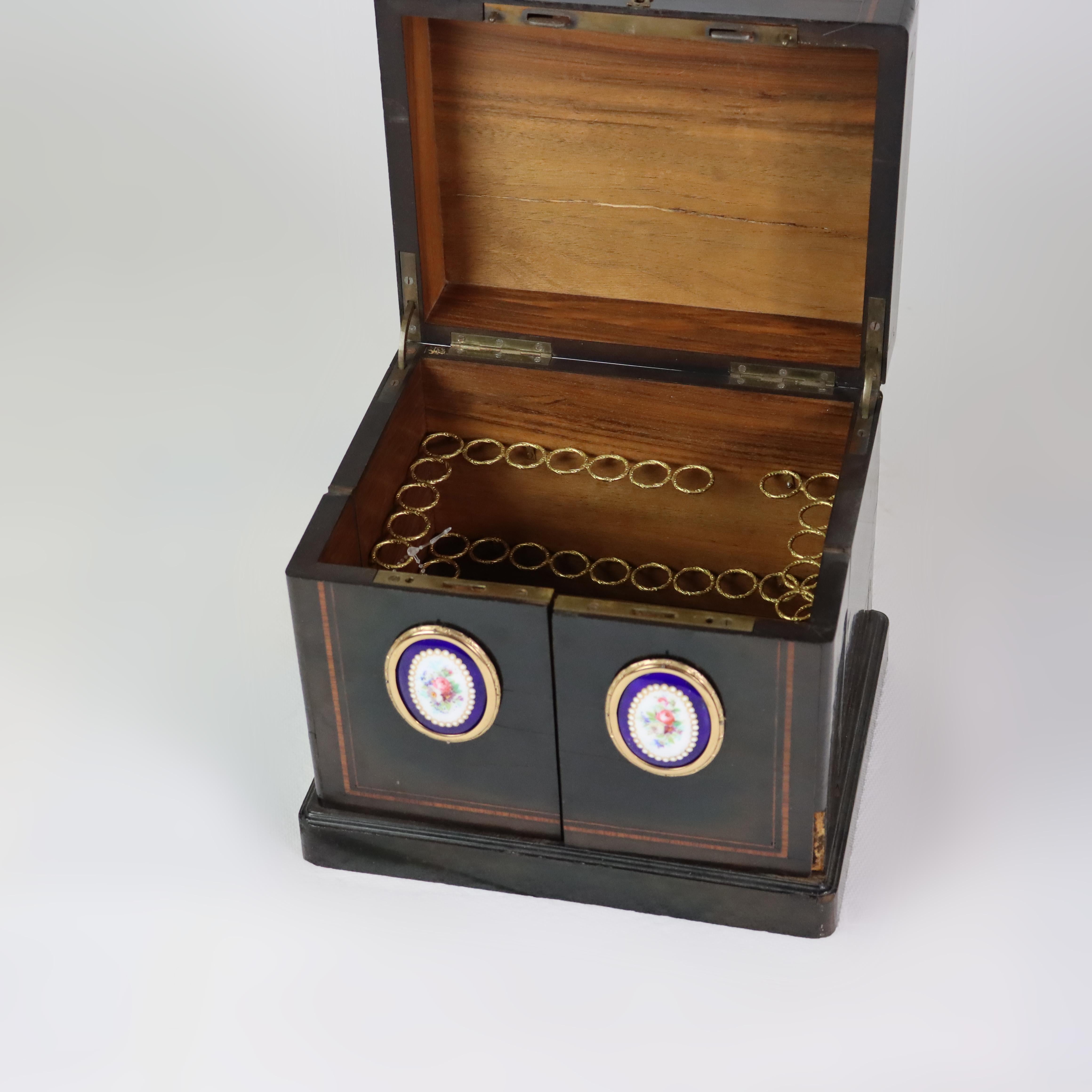 Antique Ebonized & Inlaid Humidor With Sevres Floral Porcelain Plaque c1890 For Sale 1