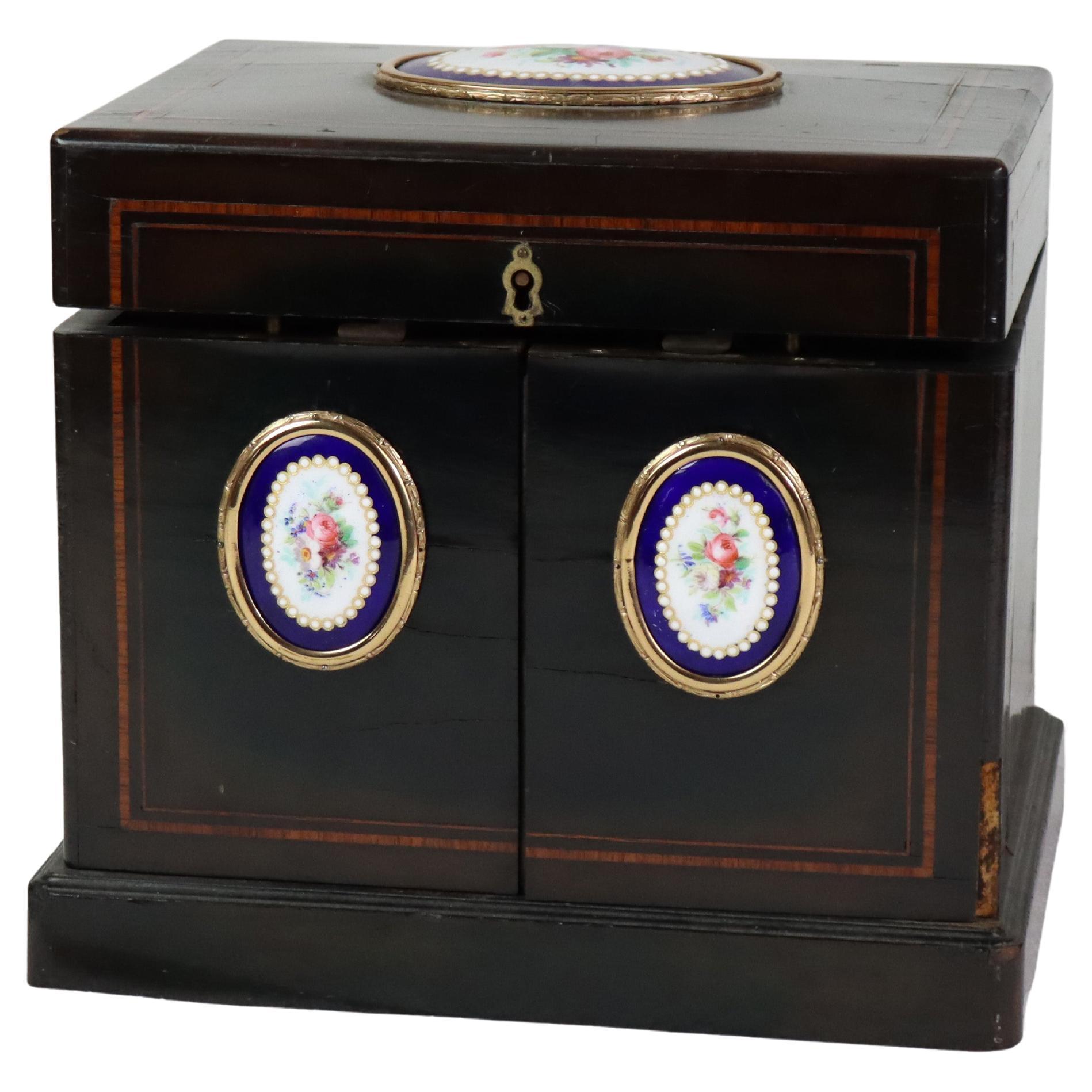 Antique Ebonized & Inlaid Humidor With Sevres Floral Porcelain Plaque c1890 For Sale