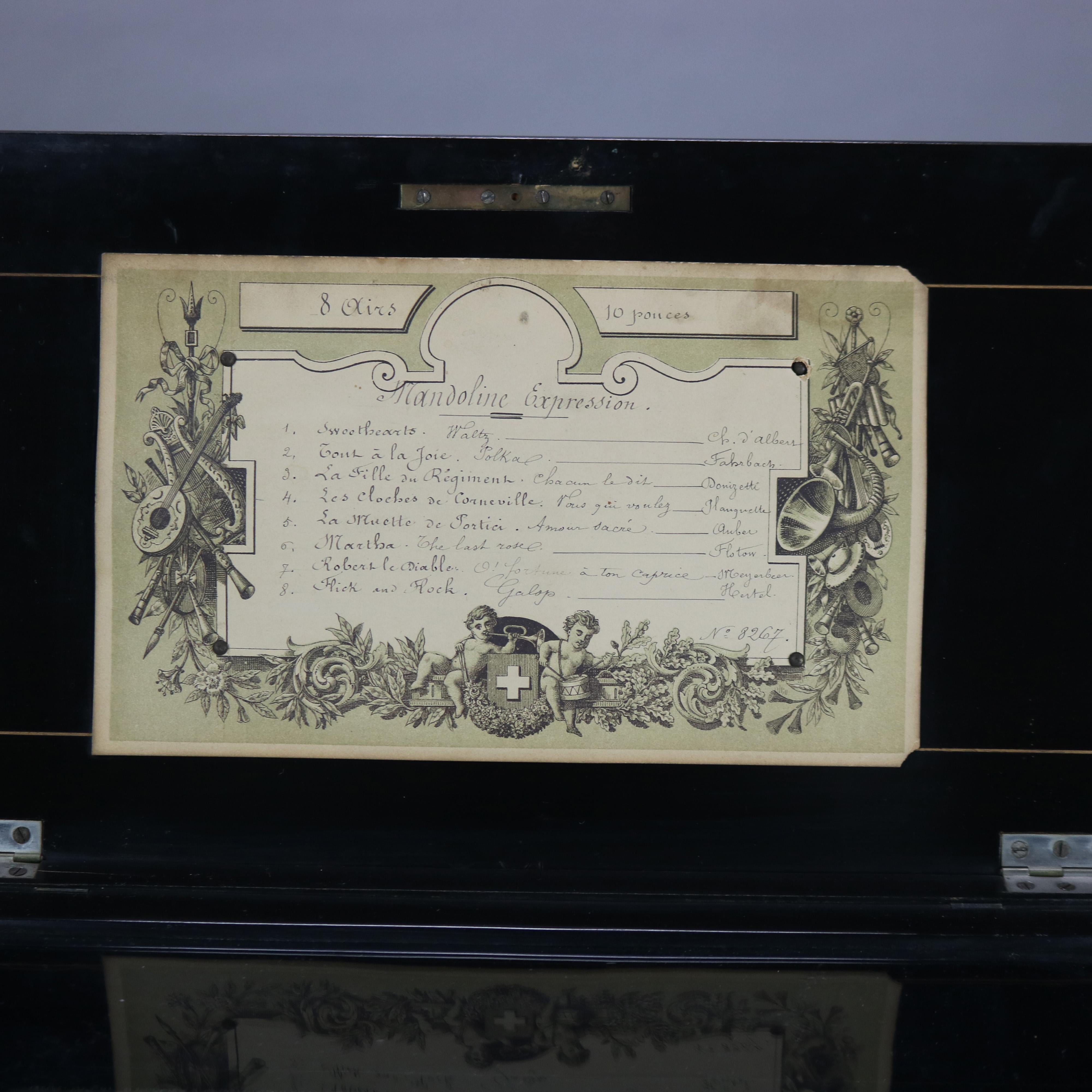 Antique Ebonized & Inlaid Rosewood Swiss Cylinder Music Box C1890 In Good Condition In Big Flats, NY