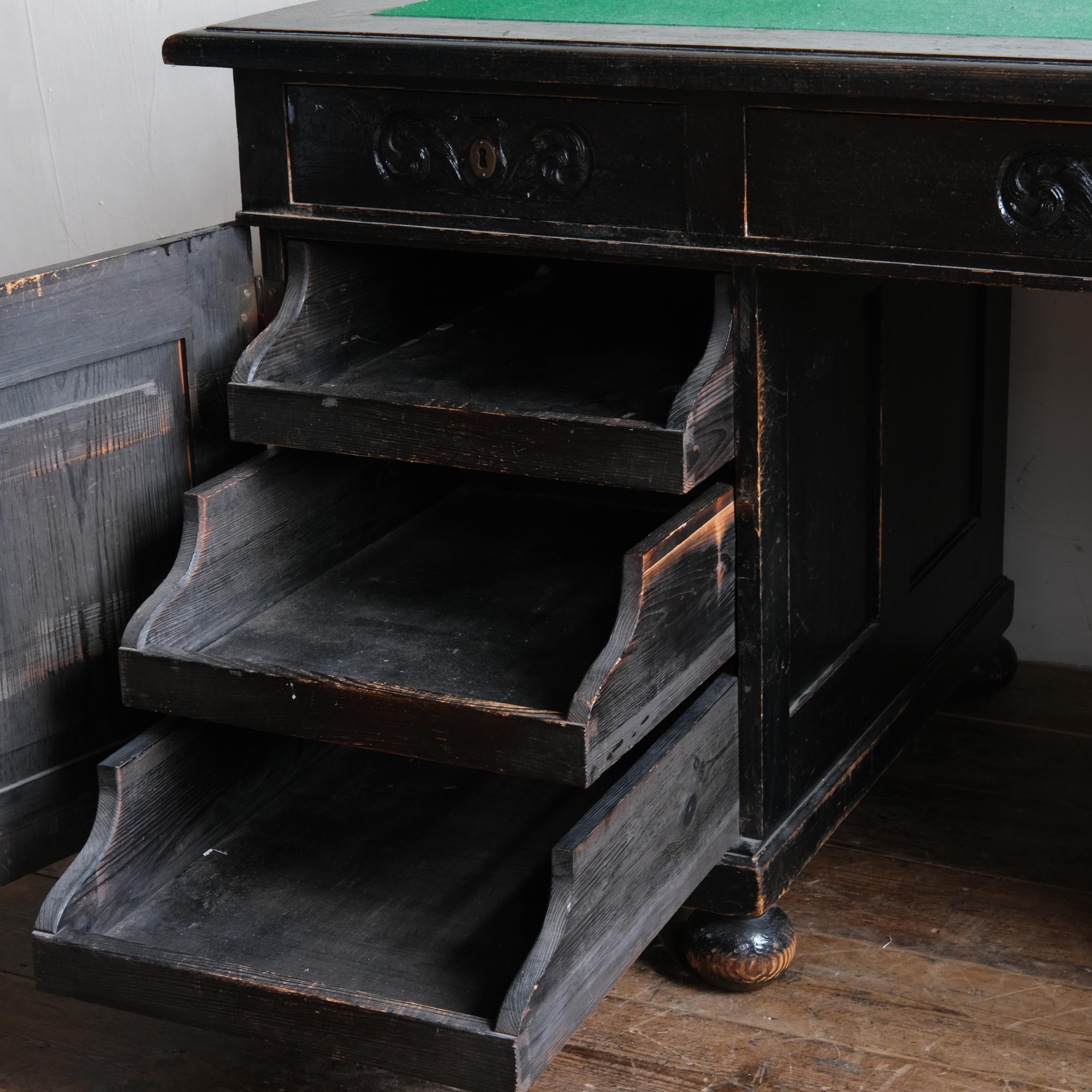 Antique Ebonized Pine Pedestal Desk In Distressed Condition For Sale In Batley, GB