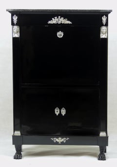 Antique Ebonized Silver Empire Secretary an Abattant from France, 19th Century