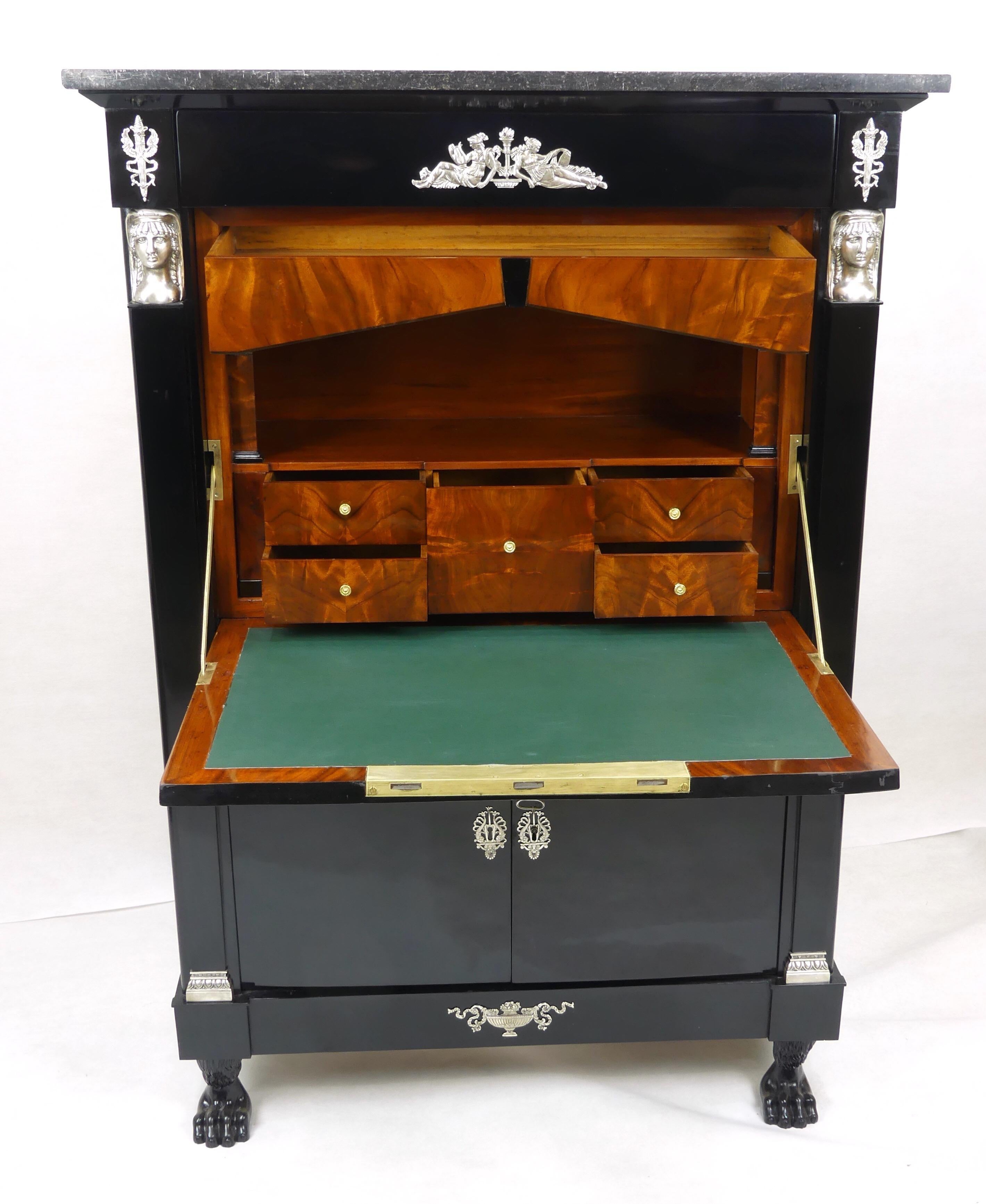 French Antique Ebonized Silver Empire Secretary an Abattant from France, 19th Century For Sale