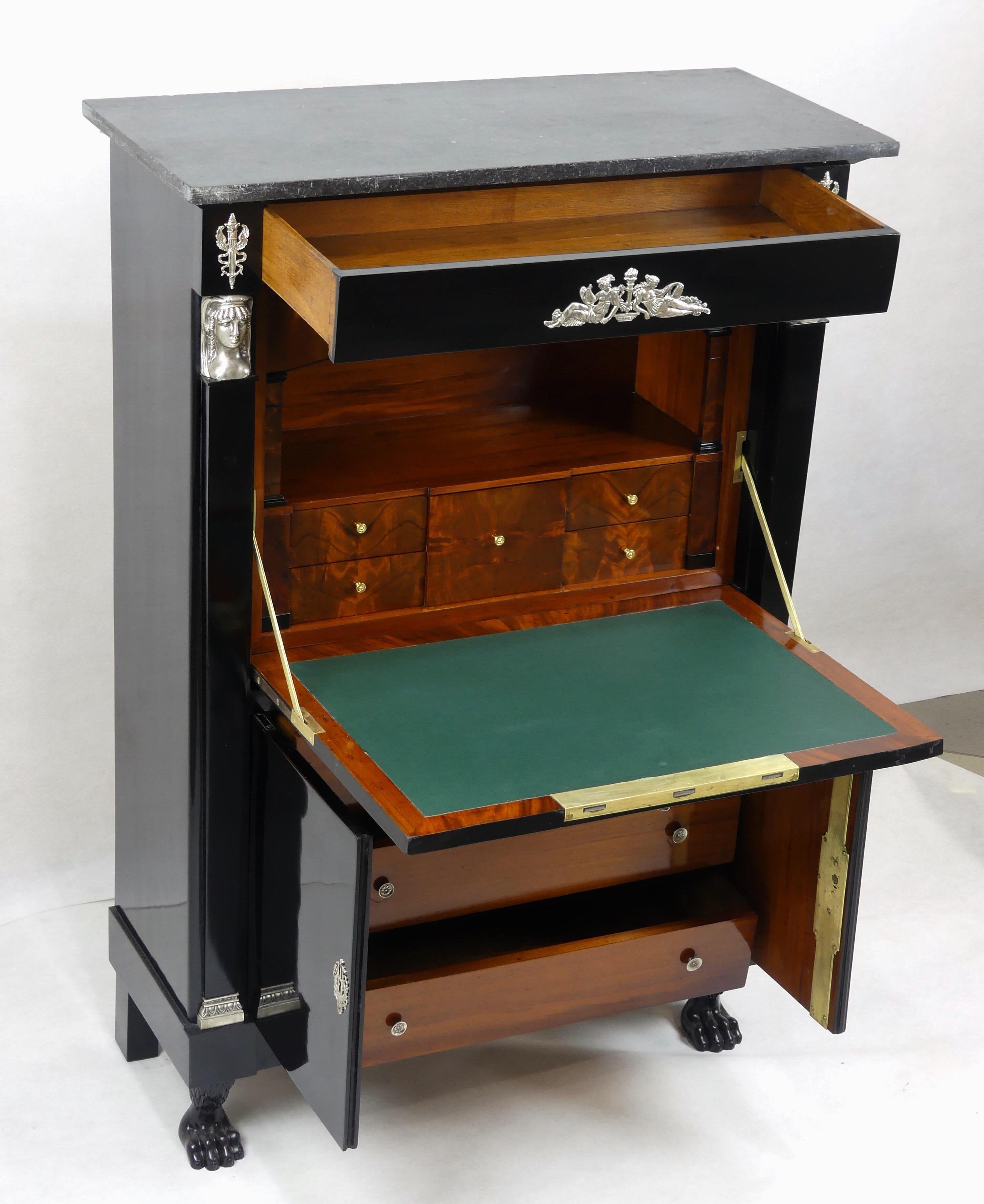 Antique Ebonized Silver Empire Secretary an Abattant from France, 19th Century In Good Condition For Sale In Vienna, AT
