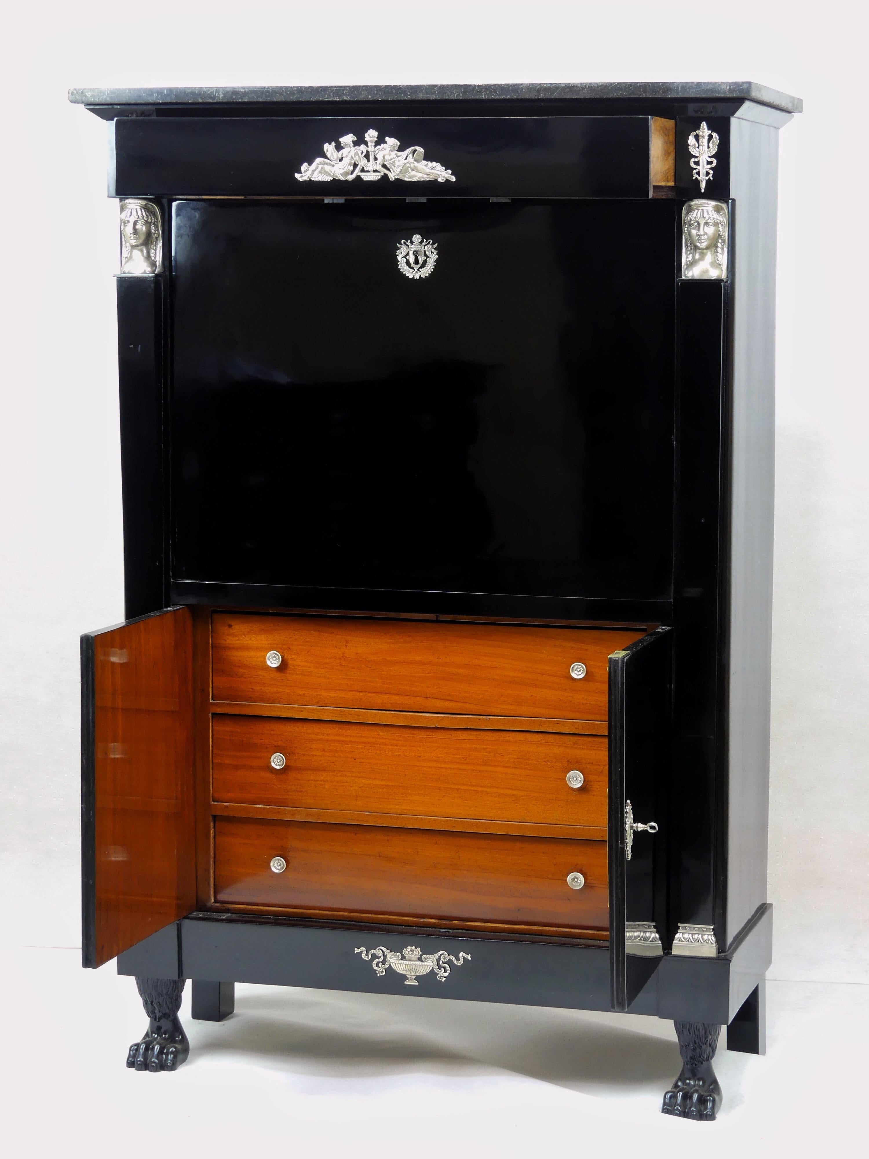 Antique Ebonized Silver Empire Secretary an Abattant from France, 19th Century For Sale 1