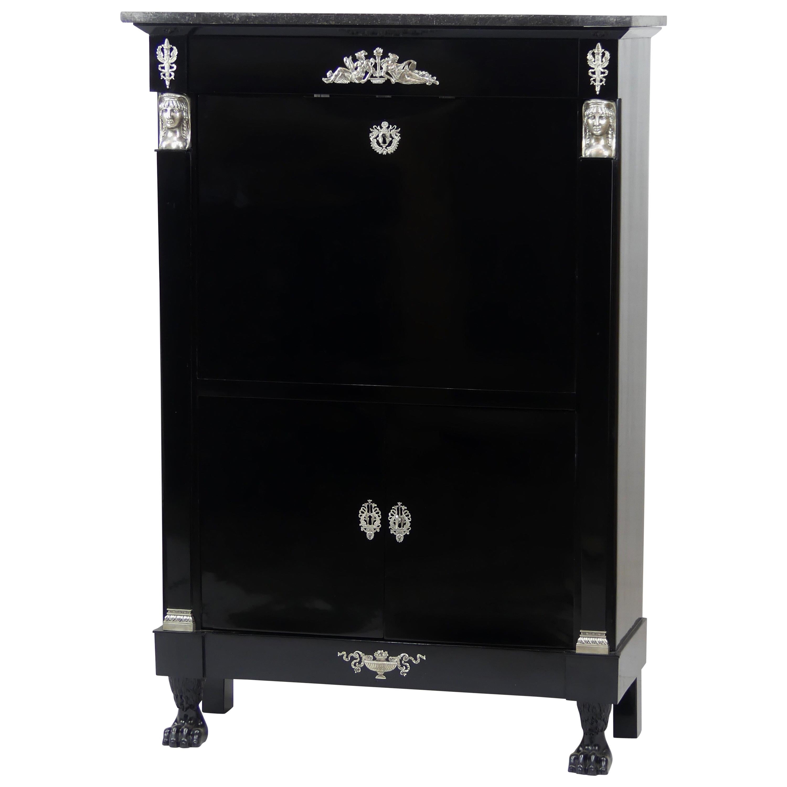 Antique Ebonized Silver Empire Secretary an Abattant from France, 19th Century For Sale