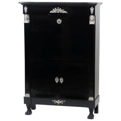 Antique Ebonized Silver Empire Secretary an Abattant from France, 19th Century