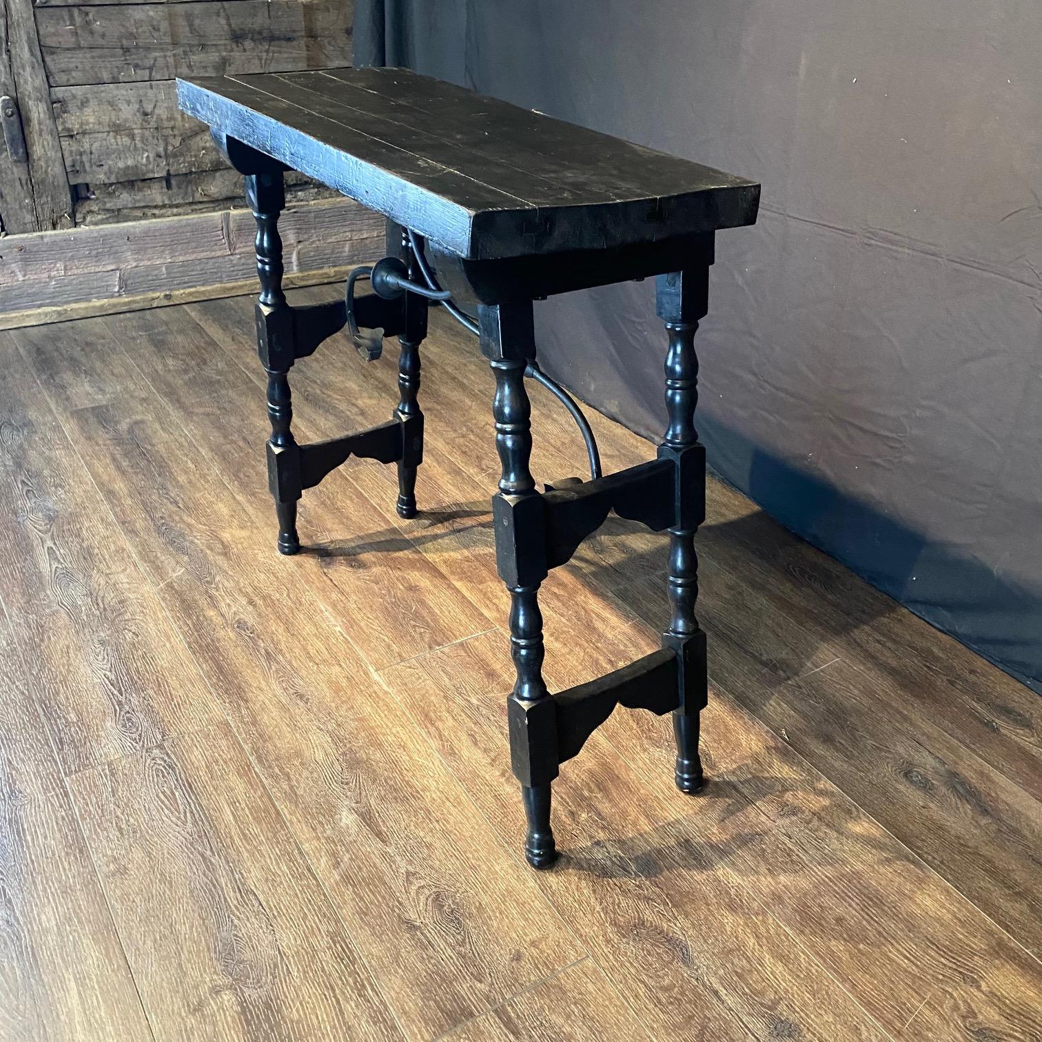 Wrought Iron Antique Ebonized Spanish Console Table For Sale
