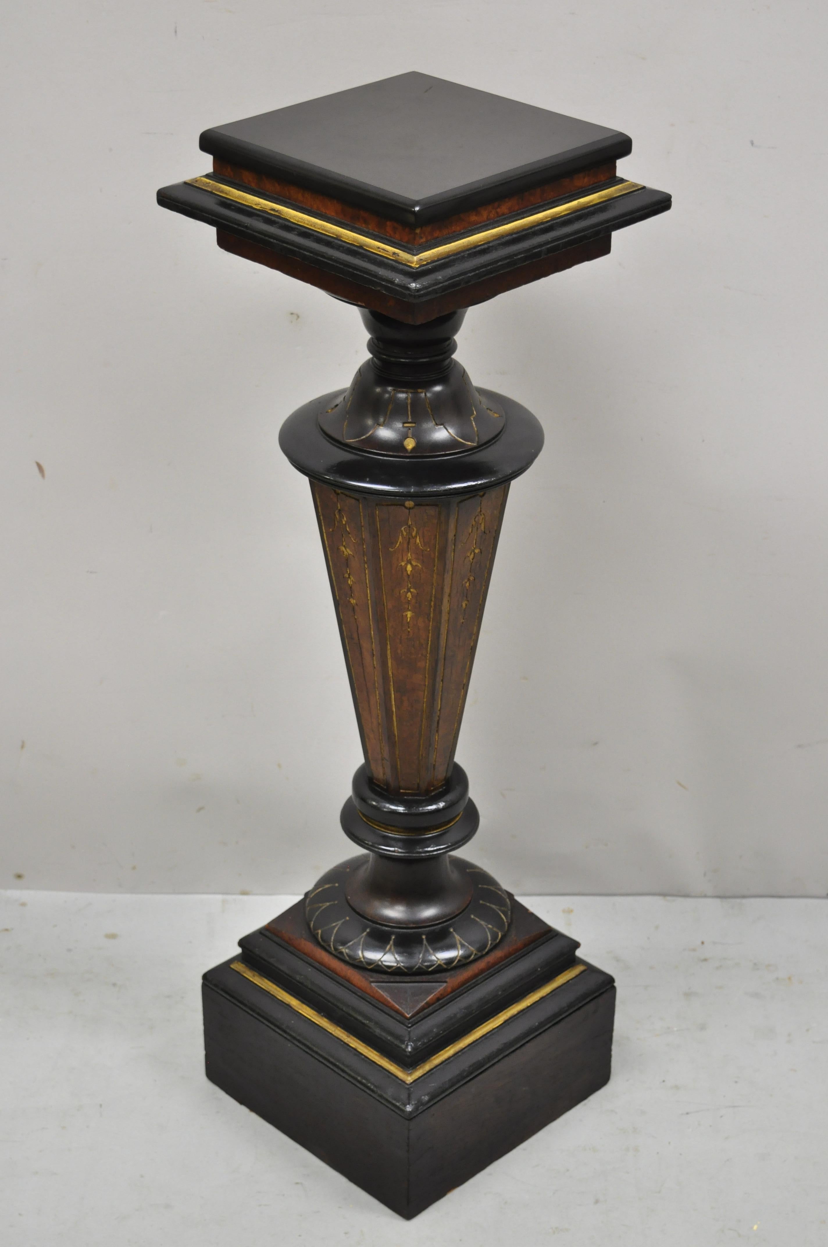 19th century antique ebonized Victorian Aesthetic Movement marble top pedestal plant stand. Item features black square marble top, ebonized and gold gilt painted column, very nice antique item, great style and form. Circa 19th century. Measurements: