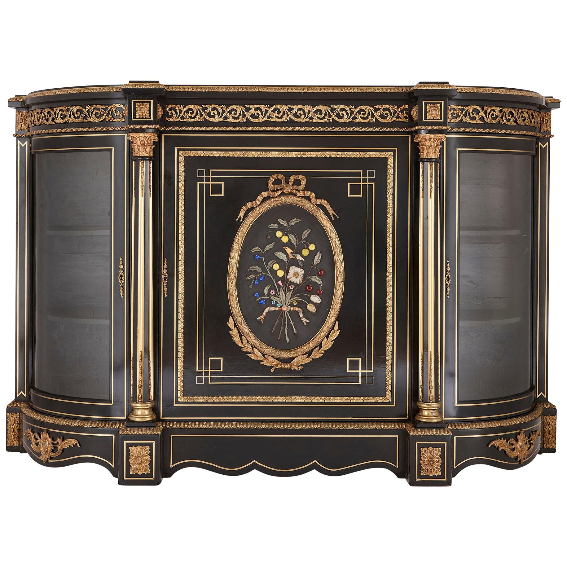 Ancien meuble de rangement en bois ébénisé, bronze doré et pierre dure