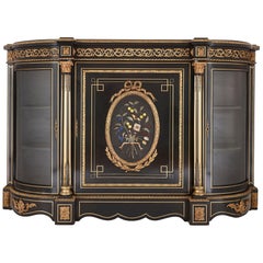 Ancien meuble de rangement en bois ébénisé, bronze doré et pierre dure