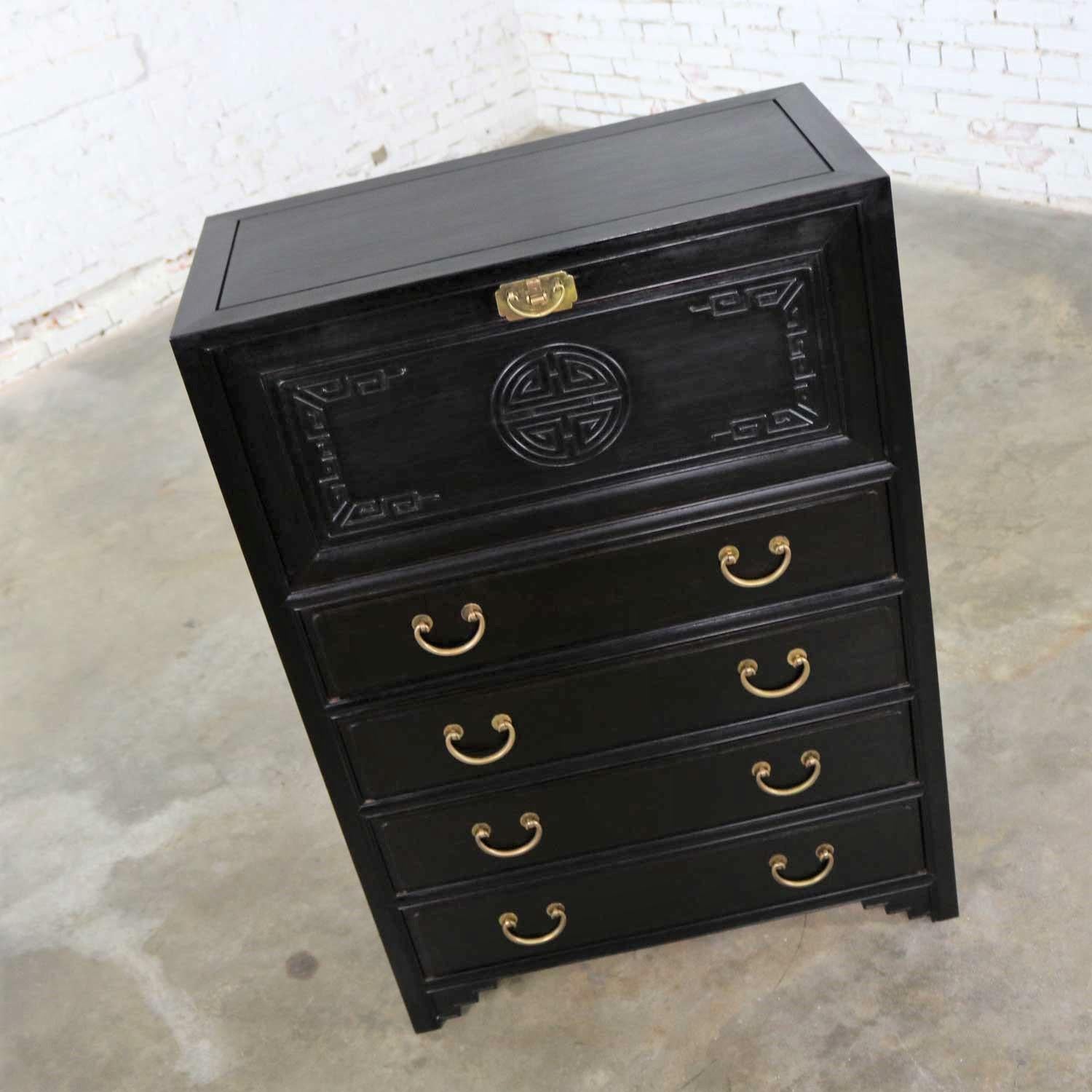 Antique Ebony Asian Drop Front Desk Secretary with Carved Front 4