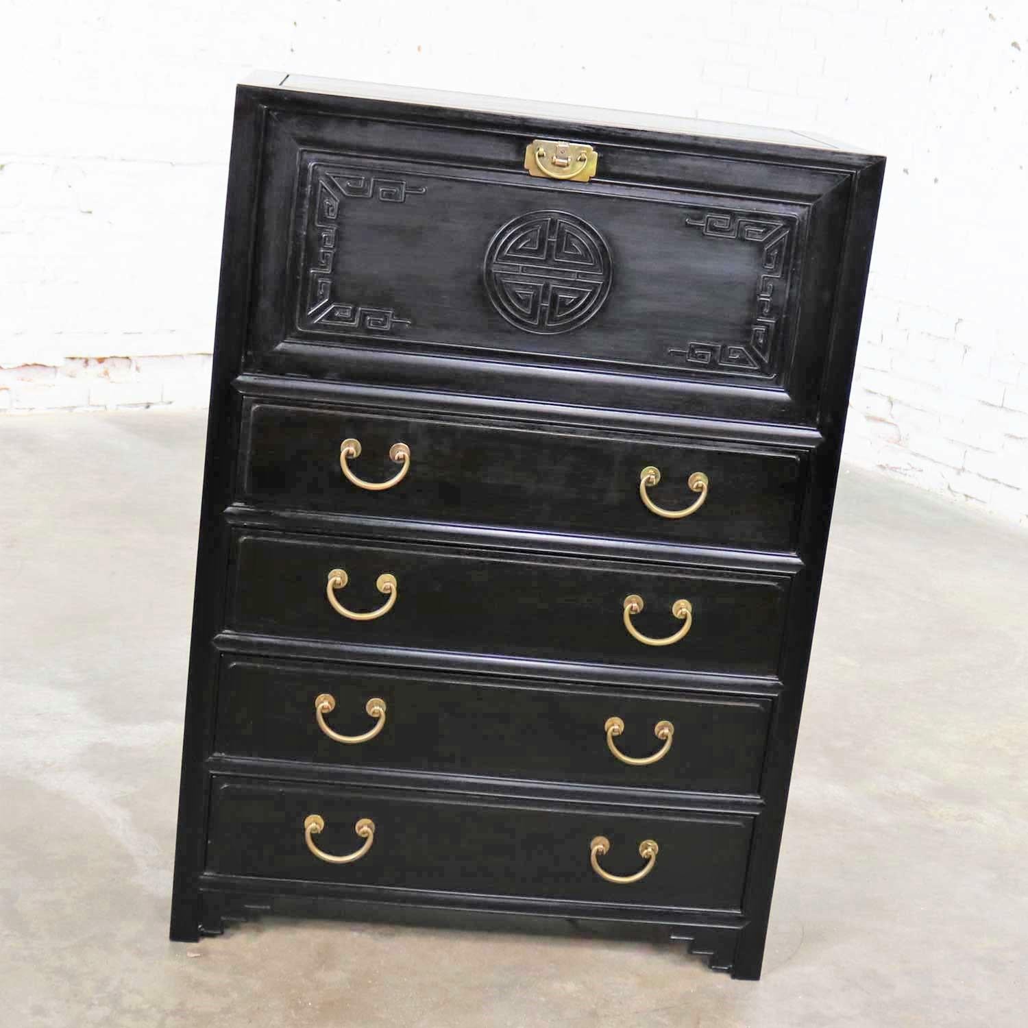 Antique Ebony Asian Drop Front Desk Secretary with Carved Front 7
