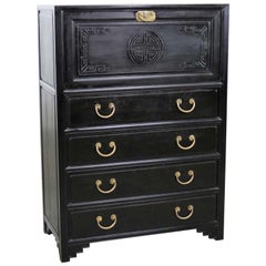 Antique Ebony Asian Drop Front Desk Secretary with Carved Front